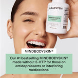CLEARSTEM MINDBODYSKIN – Tableau d'ingrédients avec DIM, pour une routine peau saine.