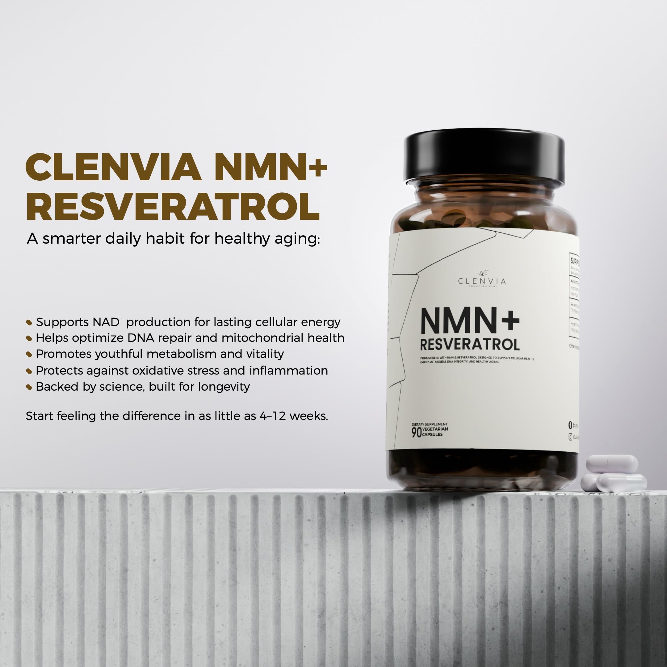 Flacon CLENVIA NMN Résveratrol fabriqué aux États‑Unis, fiabilité