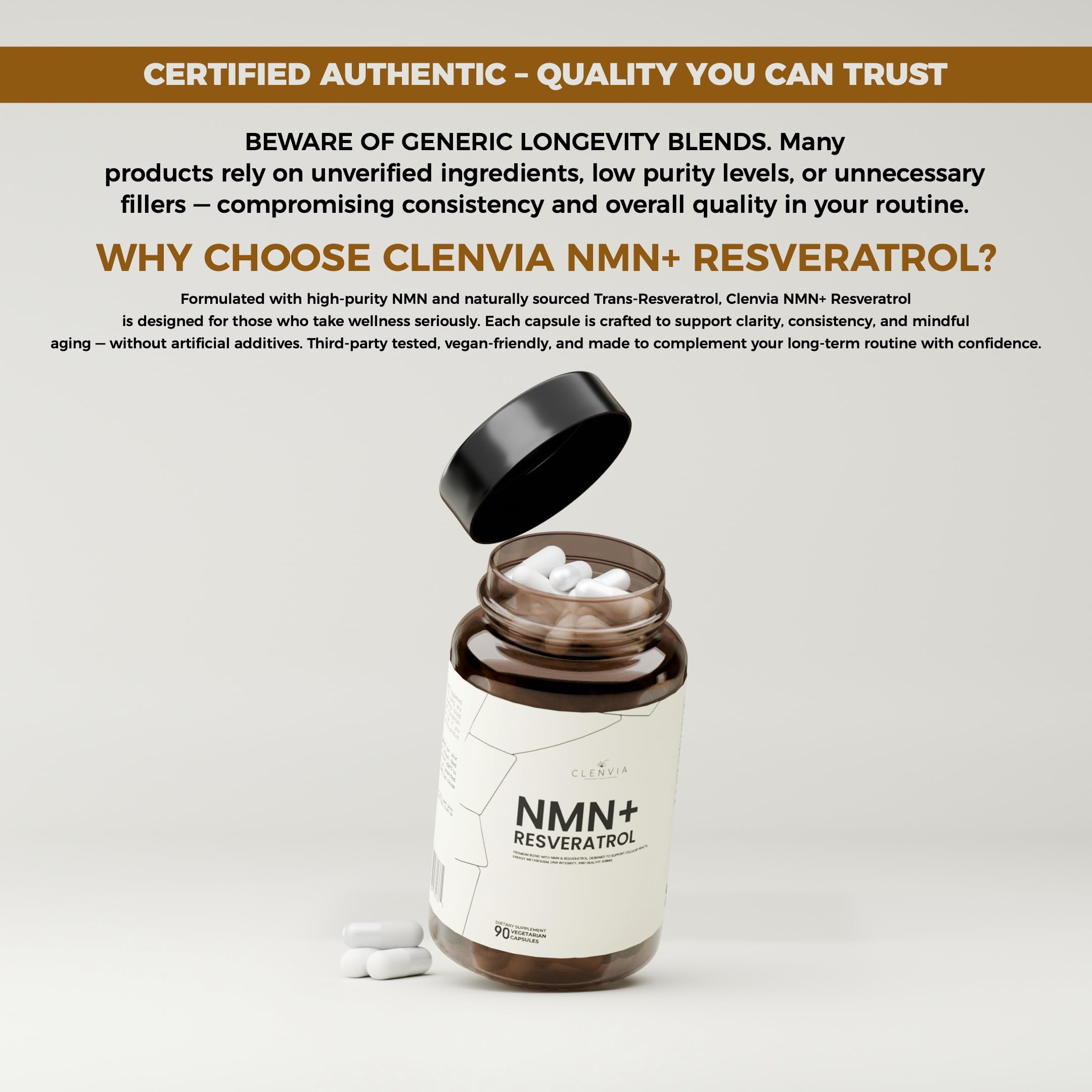 Capsules CLENVIA NMN Résveratrol, visuels des capsules vegan