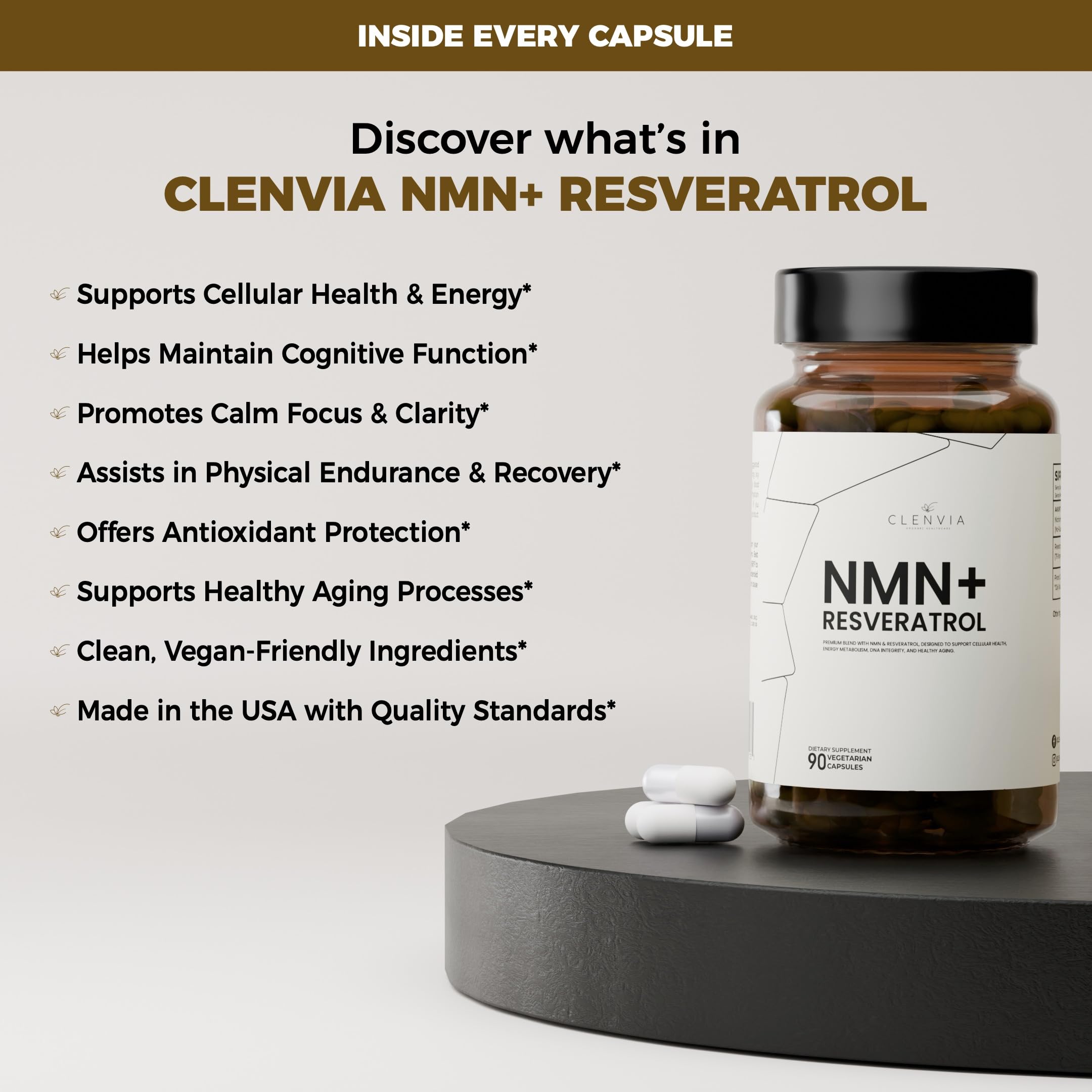 Étiquetage CLENVIA NMN Résveratrol, ingrédients purs et sans allergènes