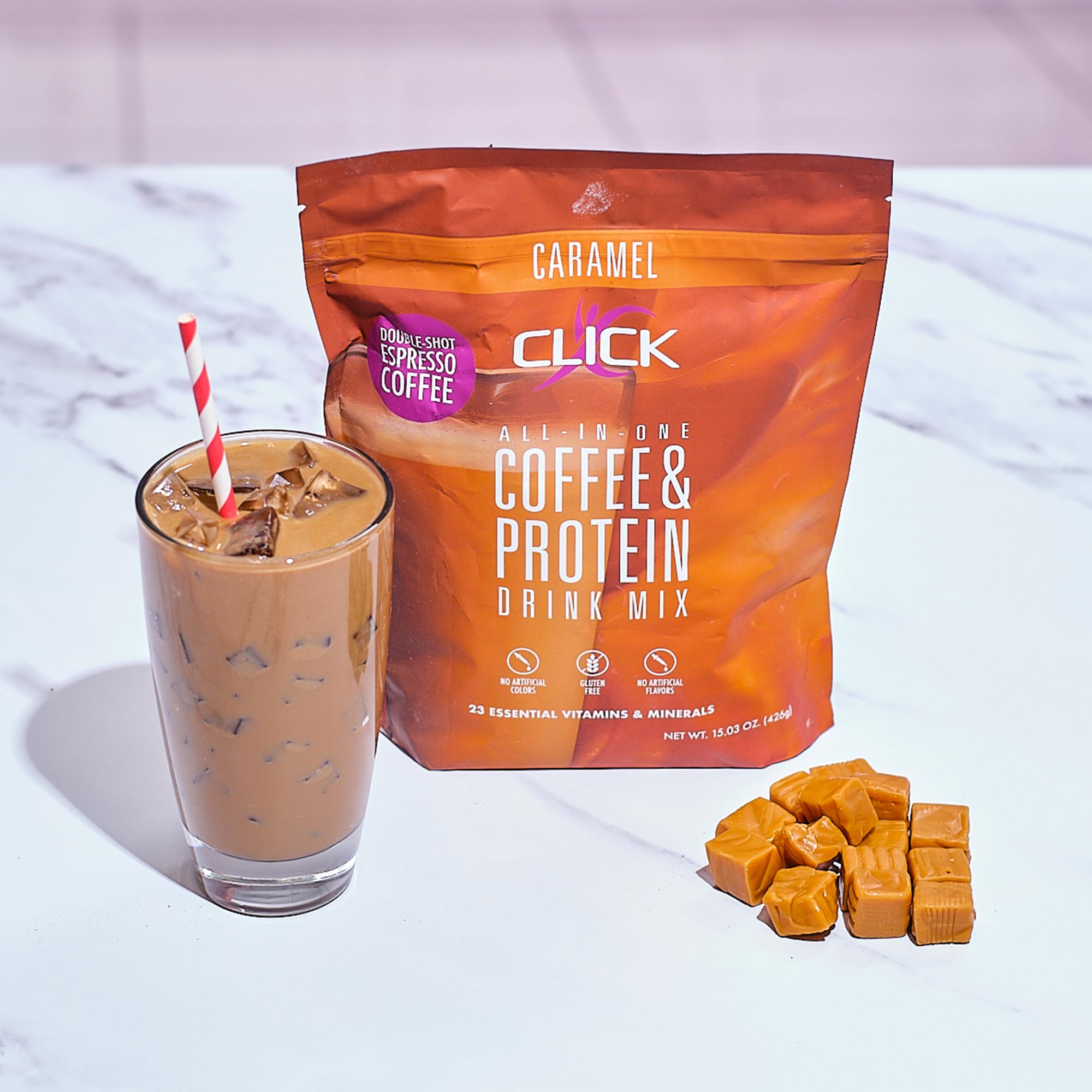Click Coffee Protein: caféine naturelle pour un coup d'énergie.