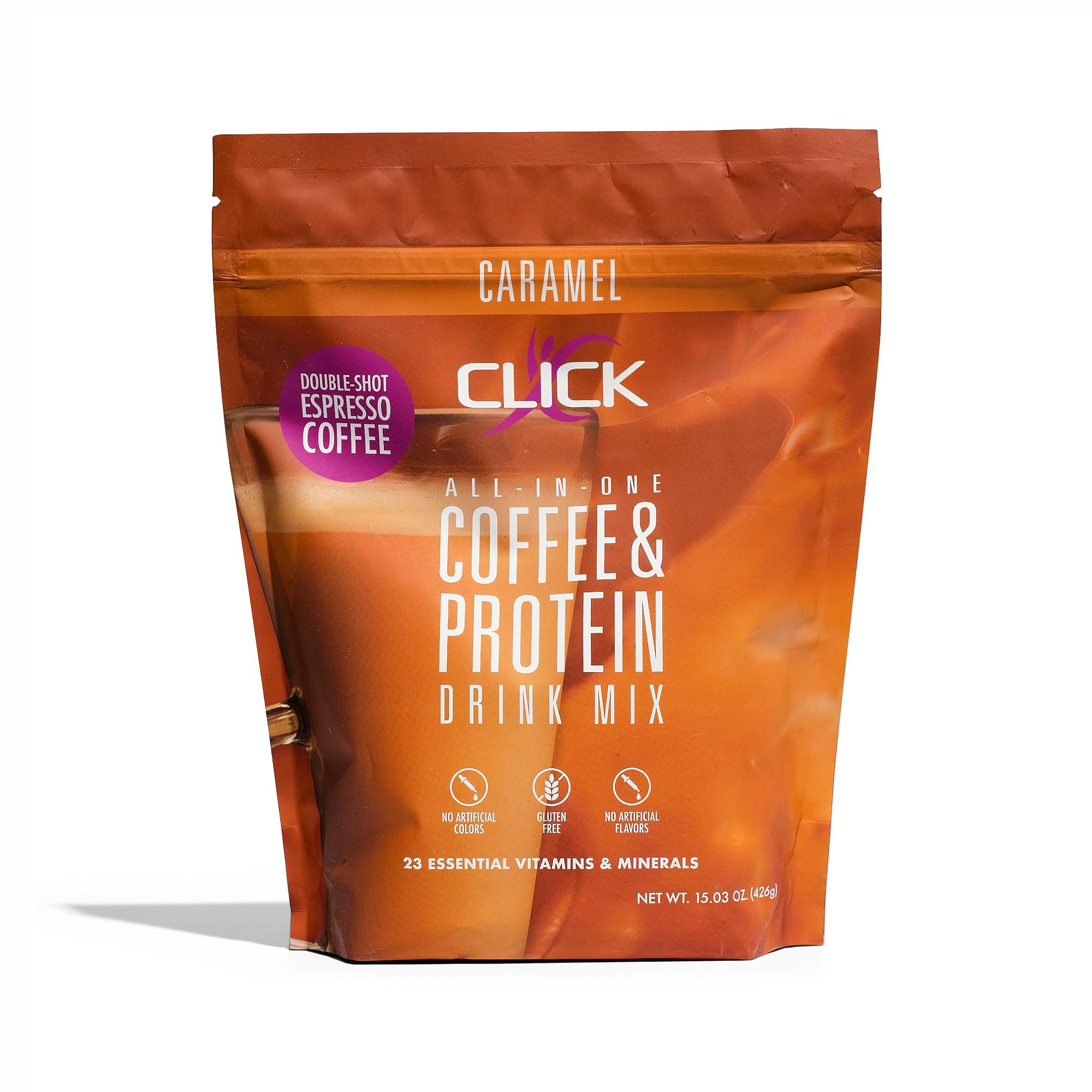 Click Coffee Protein: emballage clair sans arômes artificiels.