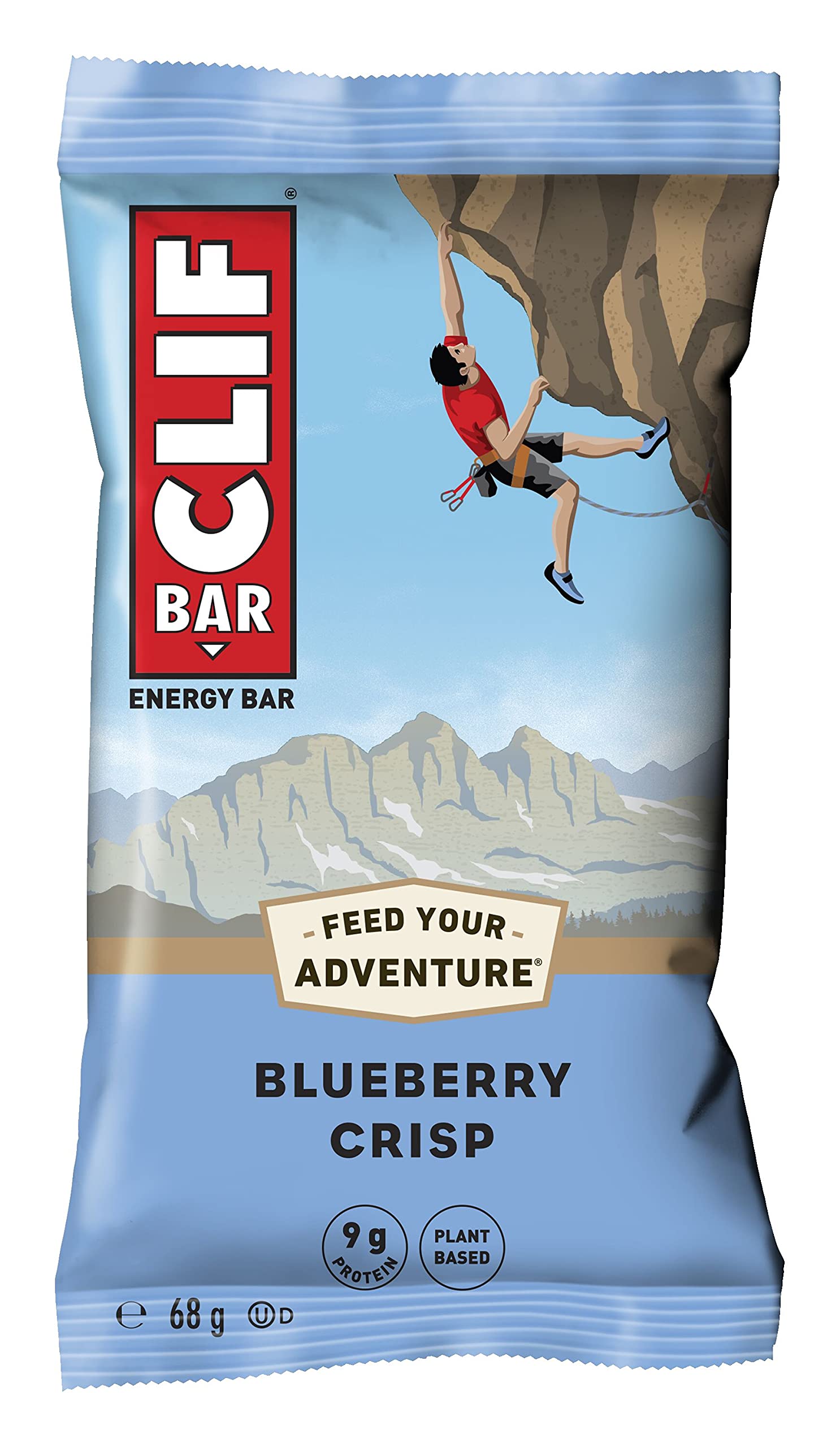 Détail emballage CLIF Bar Blueberry Crisp, encas pratique pour une collation rapide et nourrissante.