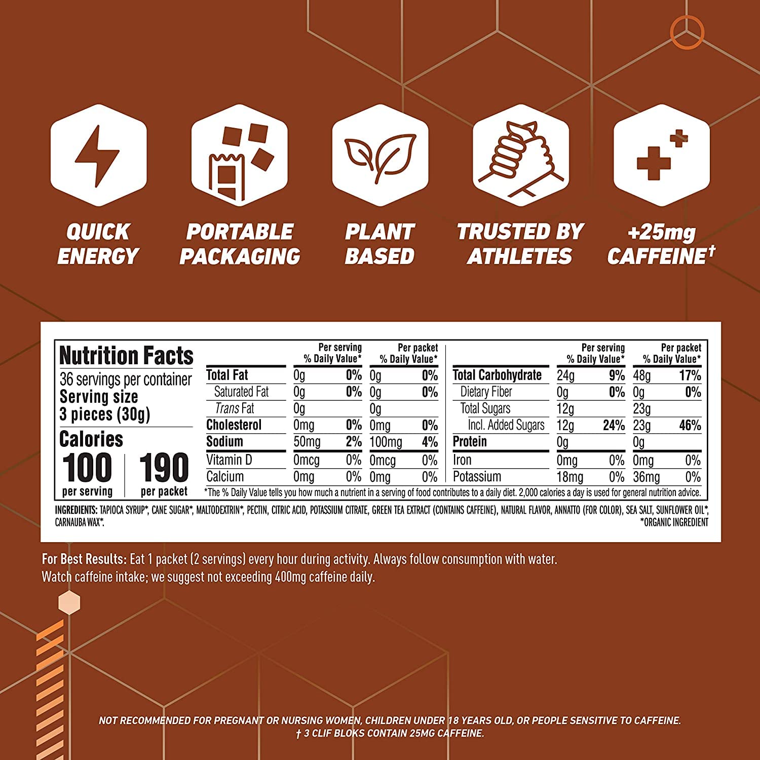 CLIF BLOKS orange avec caféine 25 mg, énergie rapide pendant l’entraînement.