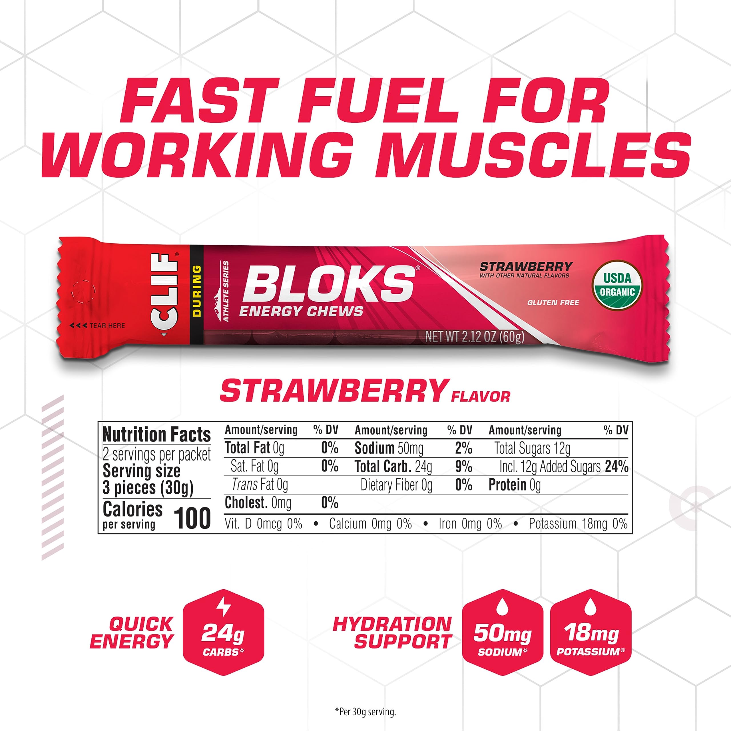 CLIF BLOKS fraise, cubes de 33 calories pour énergie rapide