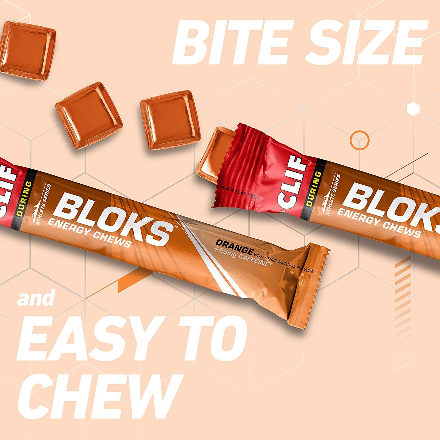 Texture douce des bouchées orange CLIF BLOKS, expérience gourmande pendant l’effort.