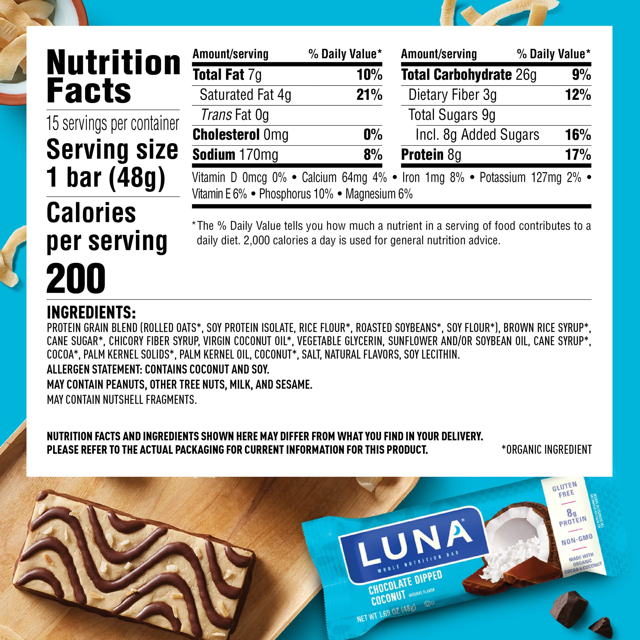 Détail des protéines 8 g dans LUNA Bar Chocolat Coco.