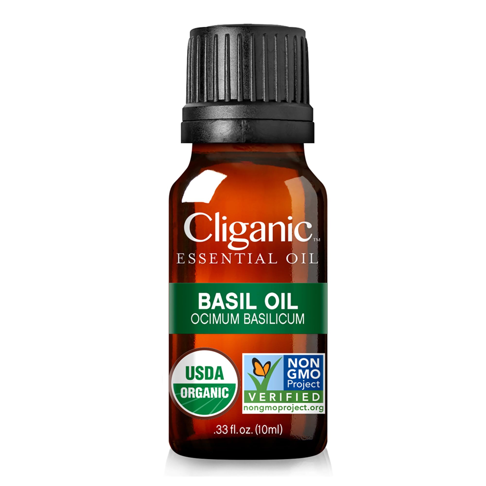Flacon Cliganic huile essentielle de basilic pour soins cutanés en douceur.