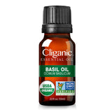 Flacon Cliganic huile essentielle de basilic pour soins cutanés en douceur.