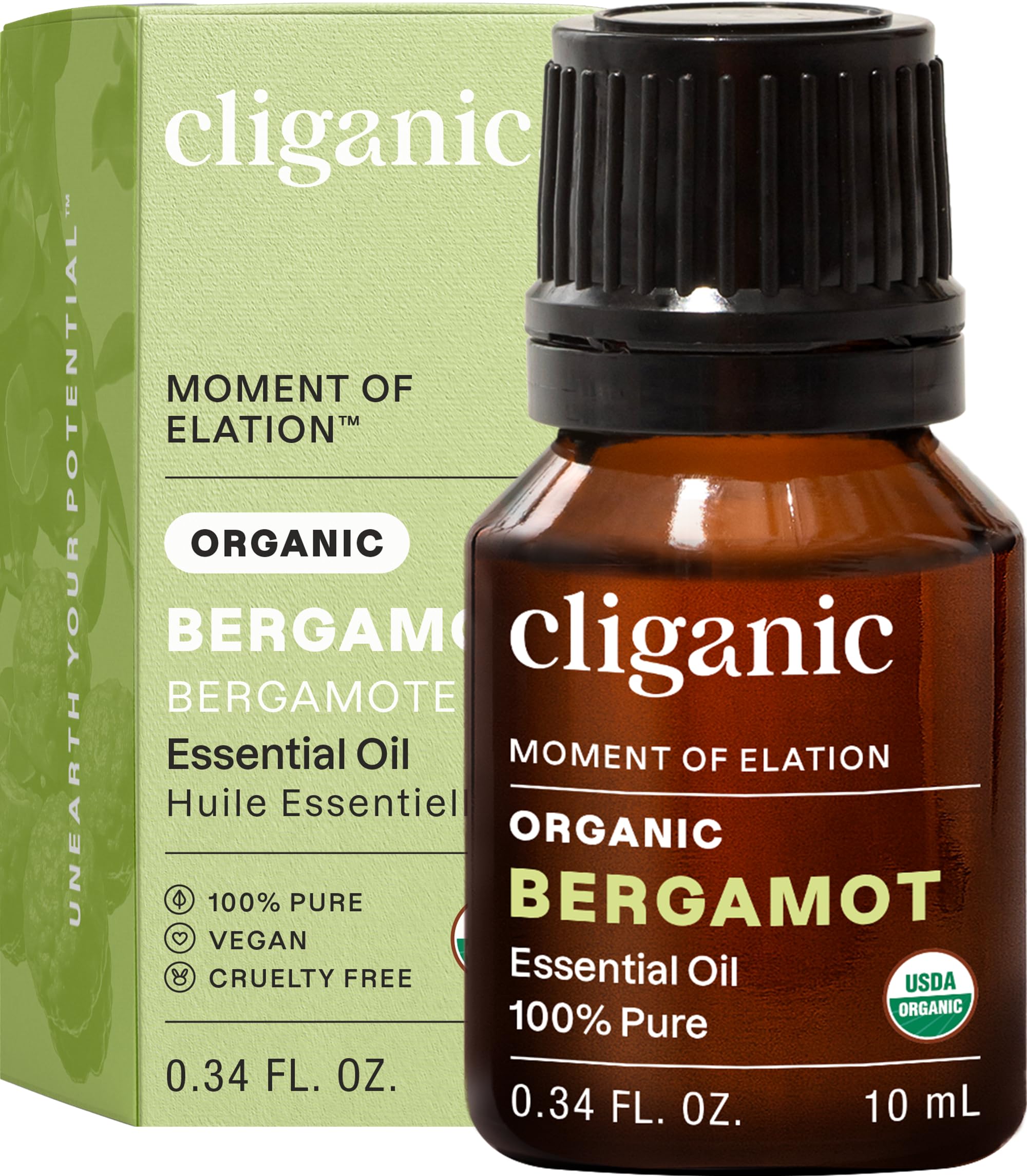 Cliganic Bergamot huile: bouteille élégante, pureté certifiée pour aromathérapie.
