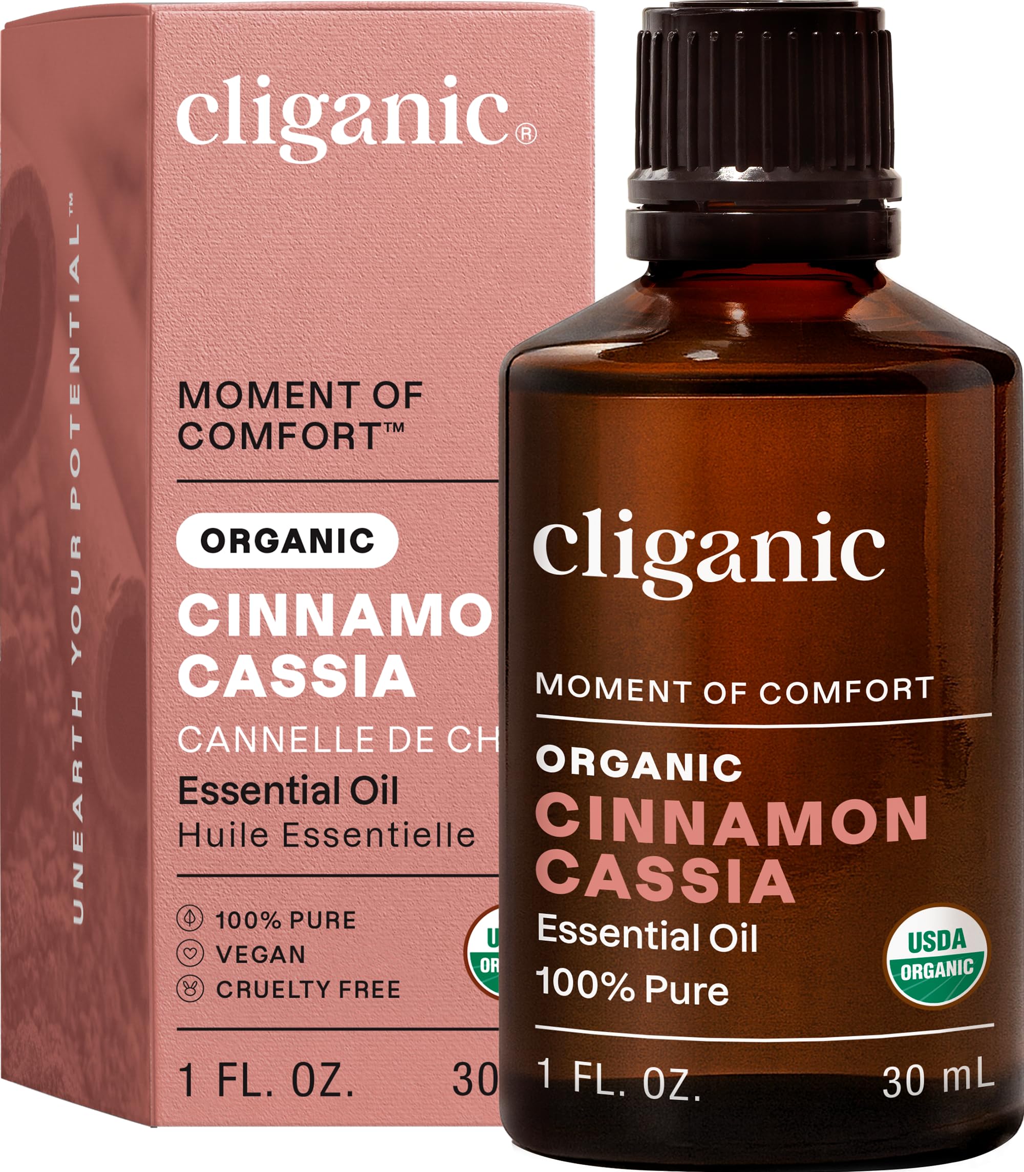 Cliganic Cannelle Cassia: huile dans la bouteille 1oz prête pour diffusion aromatique.