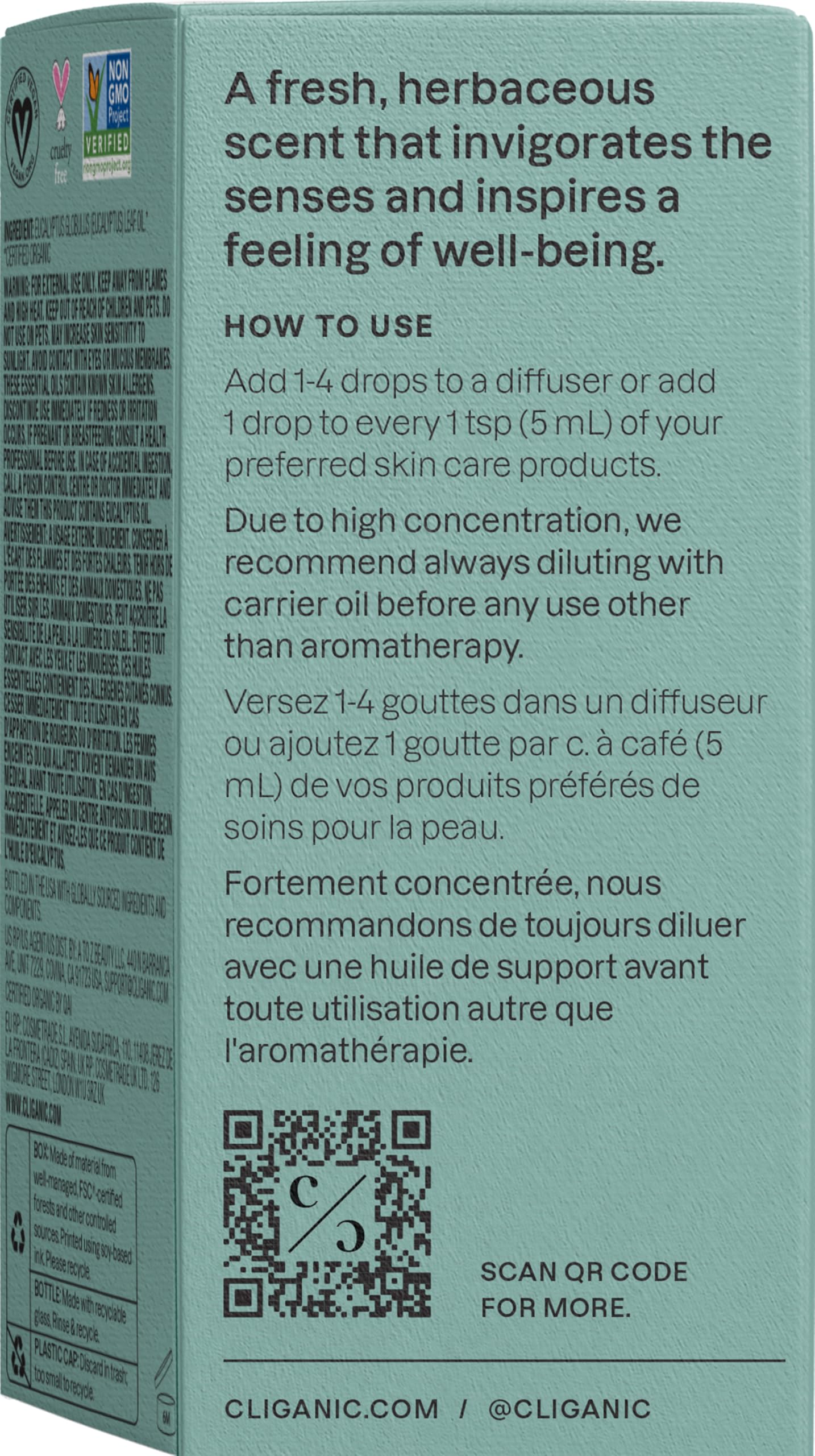 Label certification USDA sur l'emballage Cliganic eucalyptus.