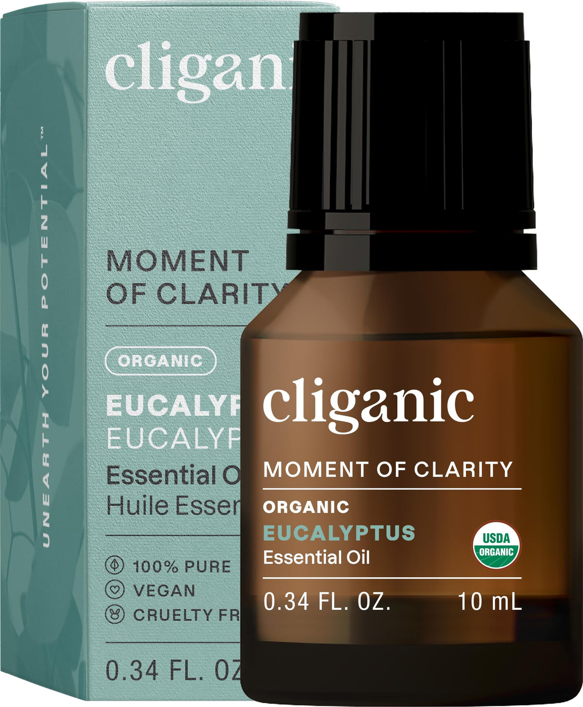 Cliganic eucalyptus huile essentielle dans une bouteille en verre prête à diffuser.