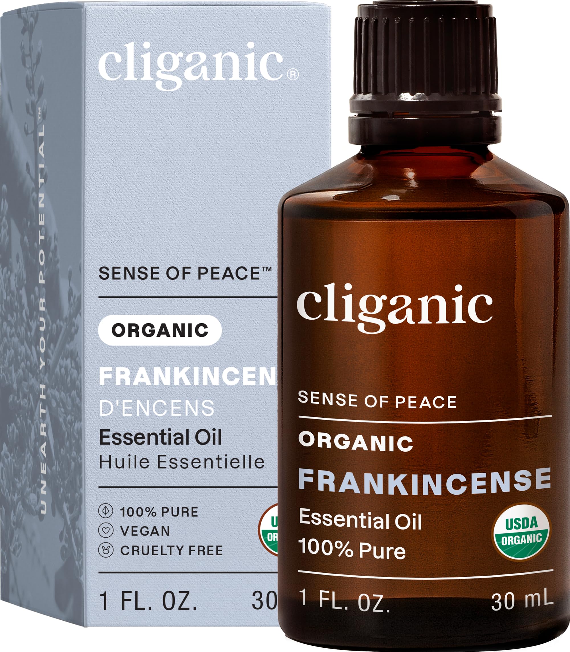 Huile essentielle Frankincense Cliganic, bouteille 1 oz prête à diffuser l'aromathérapie.
