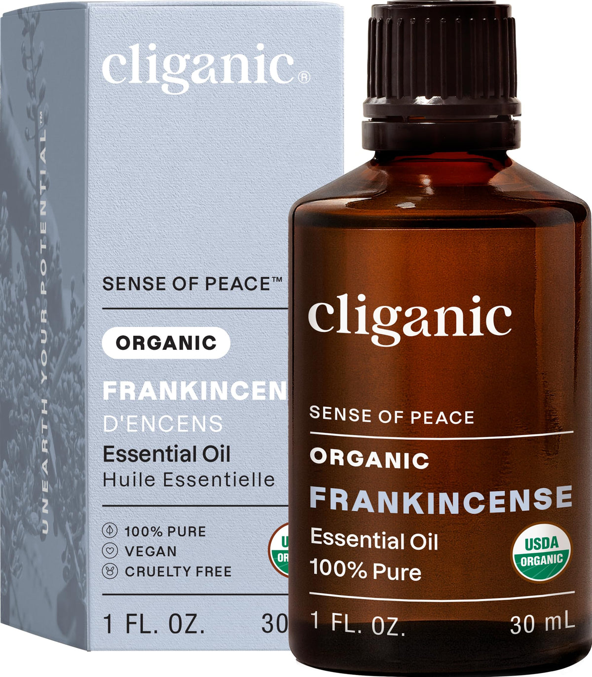Huile essentielle Frankincense Cliganic, bouteille 1 oz prête à diffuser l'aromathérapie.