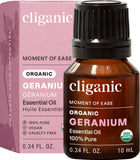 Huile essentielle Cliganic Géranium dans une bouteille, pure et prête pour l'aromathérapie.