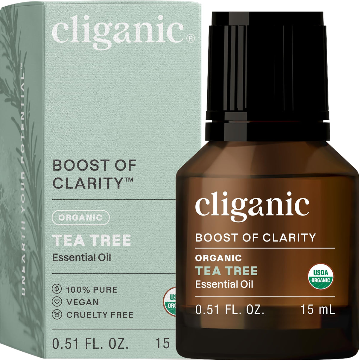 Cliganic huile essentielle arbre-a-the, bouteille ambrée idéale pour diffusion aromatique.