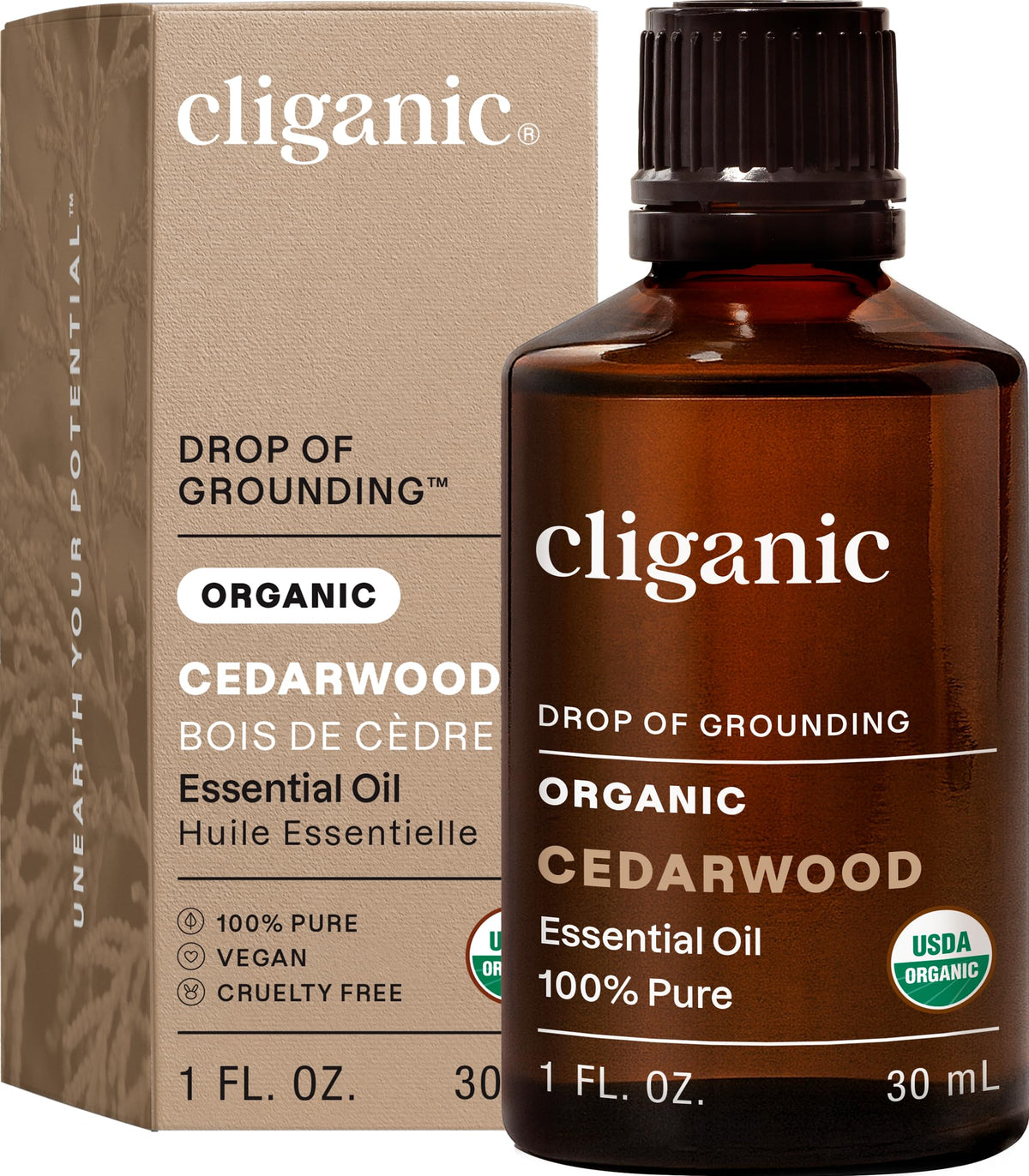 Cliganic huile essentielle de cèdre, bouteille ambrée, idéale pour diffusion et parfums durables.