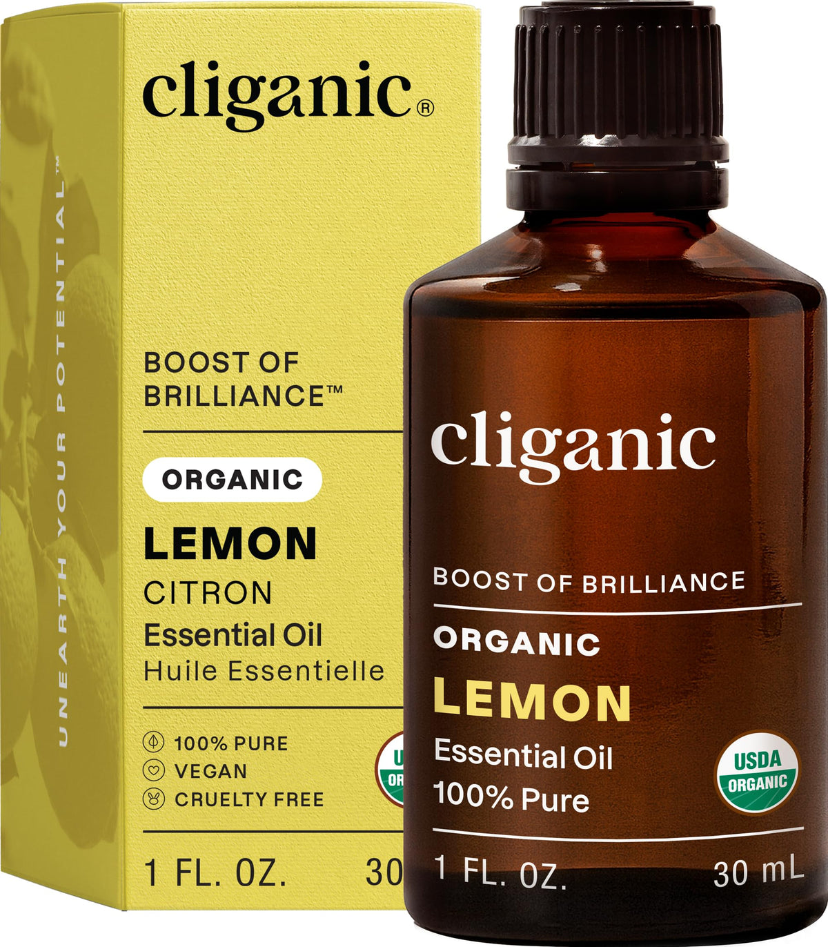 Cliganic huile essentielle citron, bouteille 30 ml, pure et polyvalente pour diffusion.