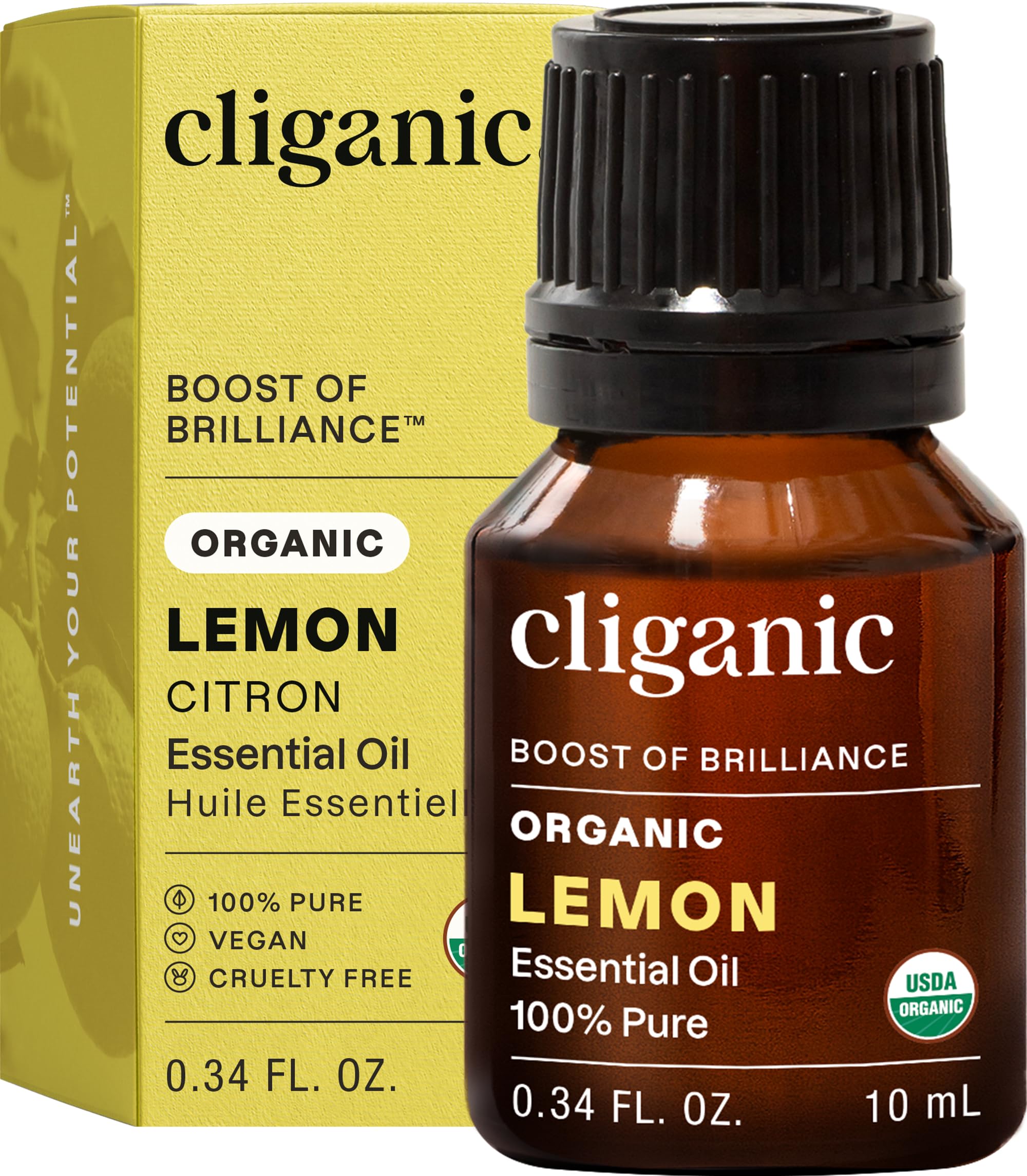 Huile essentielle citron Cliganic dans une bouteille, pratique pour l'aromathérapie.