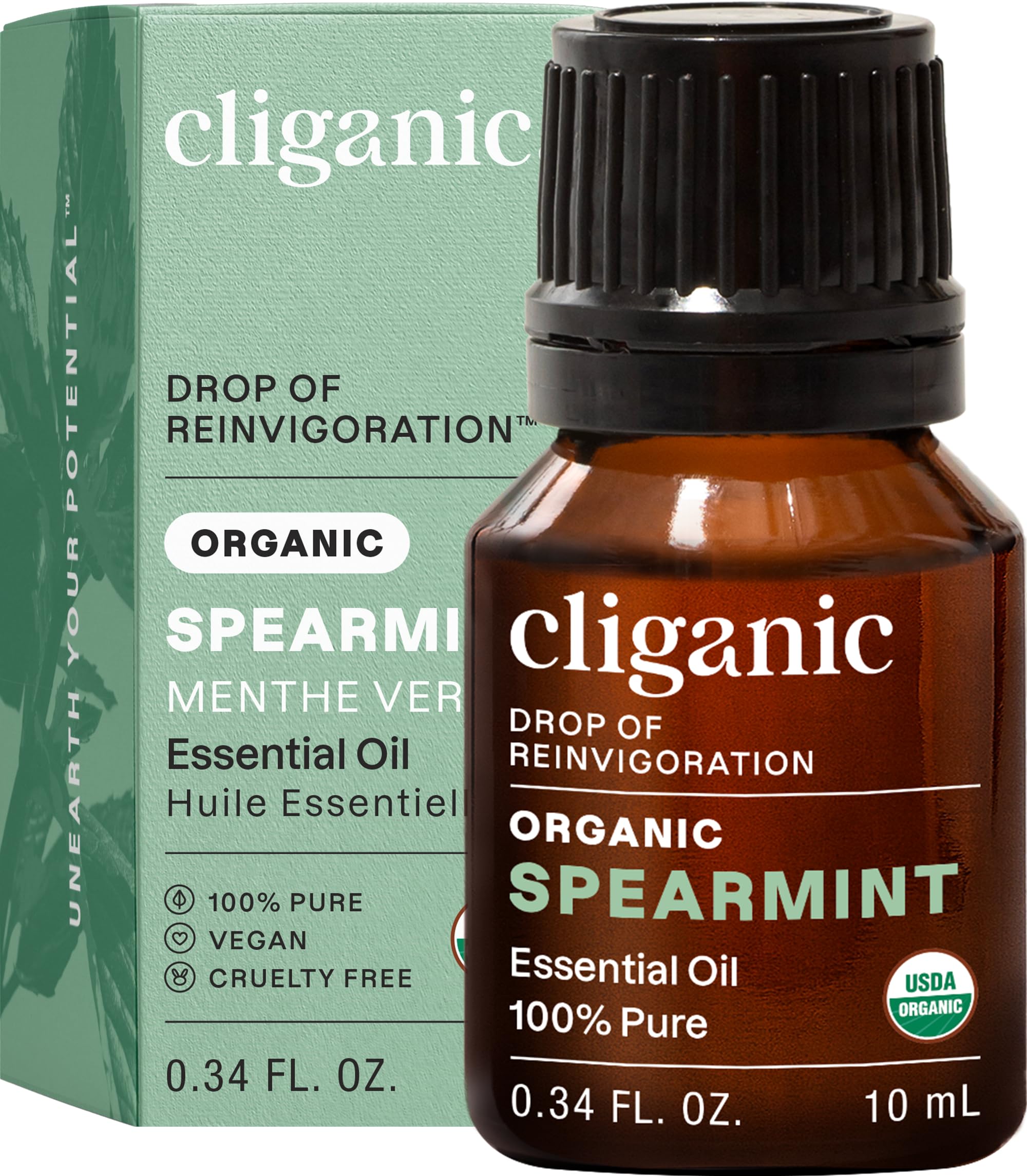 Huile essentielle Cliganic menthe verte – flacon 10 ml, diffusion rafraîchissante.