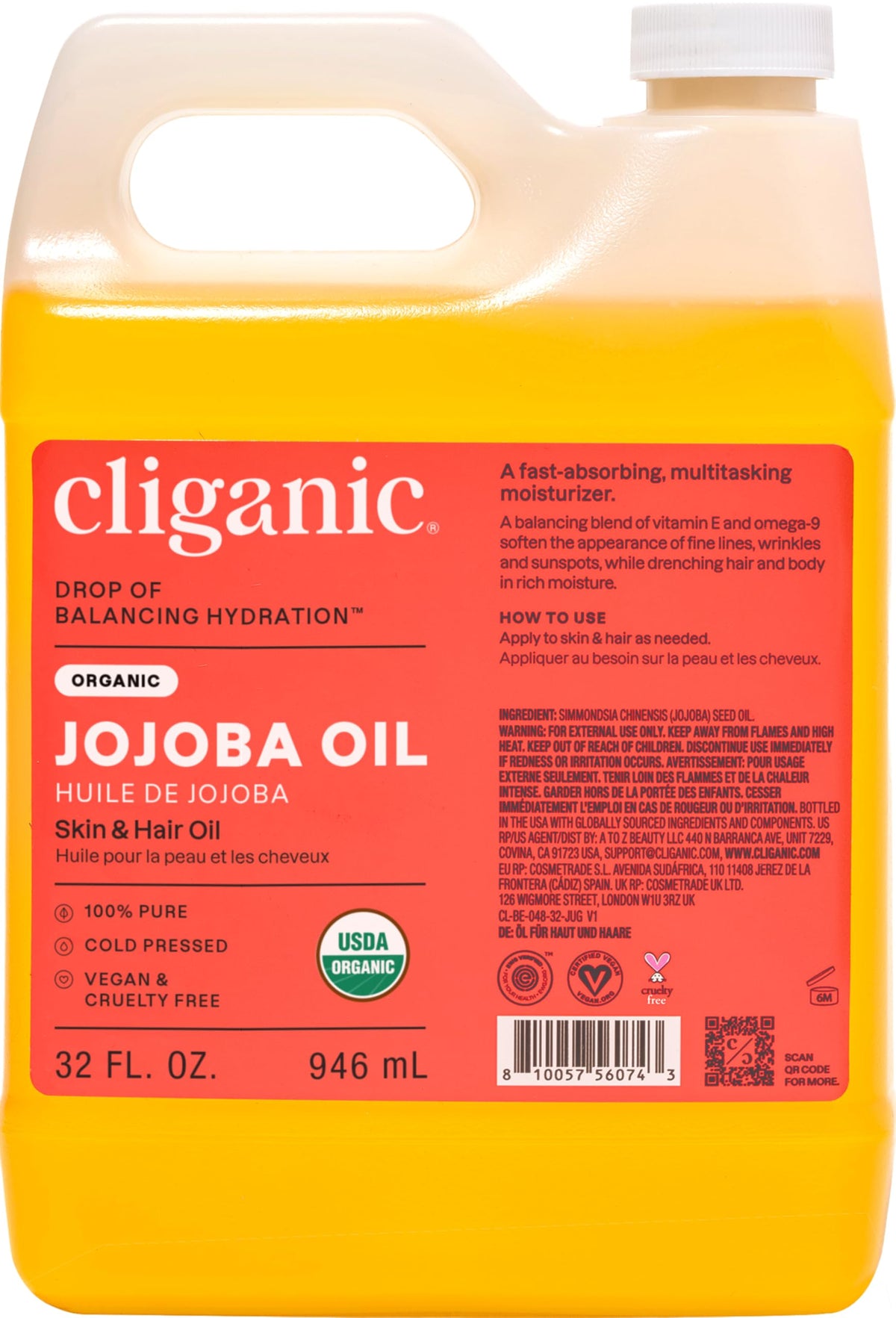 Cliganic huile jojoba en vrac 32oz – hydratation polyvalente pour cheveux et peau