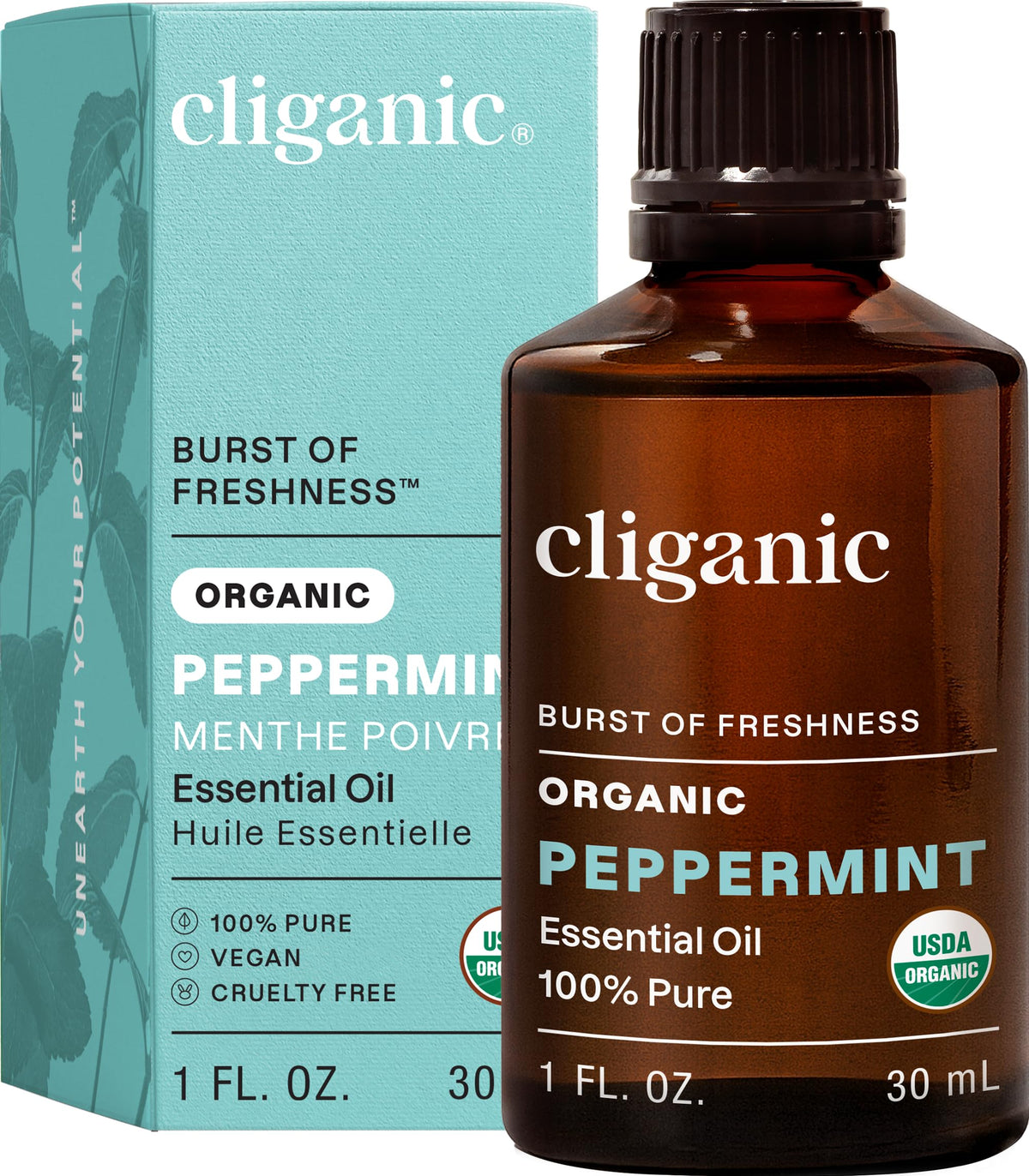 Huile essentielle Cliganic menthe biologique, bouteille 1 oz, parfum frais et pur pour diffusion.