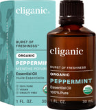 Huile essentielle Cliganic menthe biologique, bouteille 1 oz, parfum frais et pur pour diffusion.