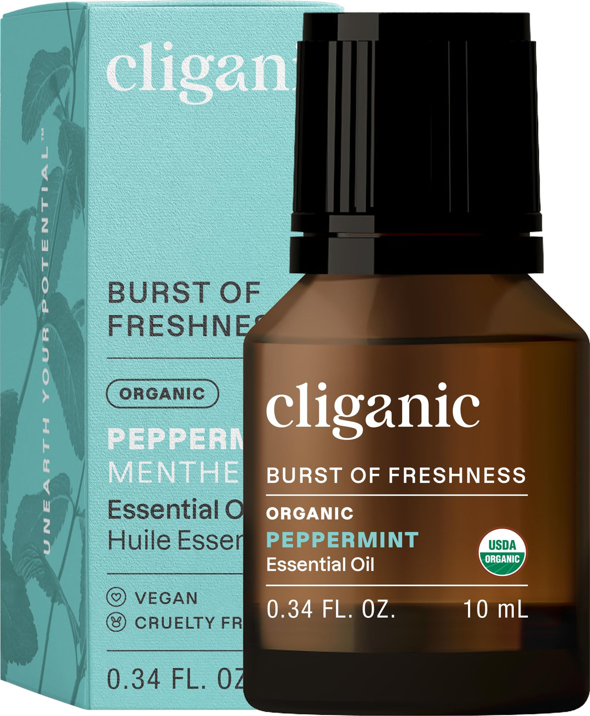 Cliganic huile menthe poivrée en bouteille, usage aromathérapie pour revitaliser l'esprit.