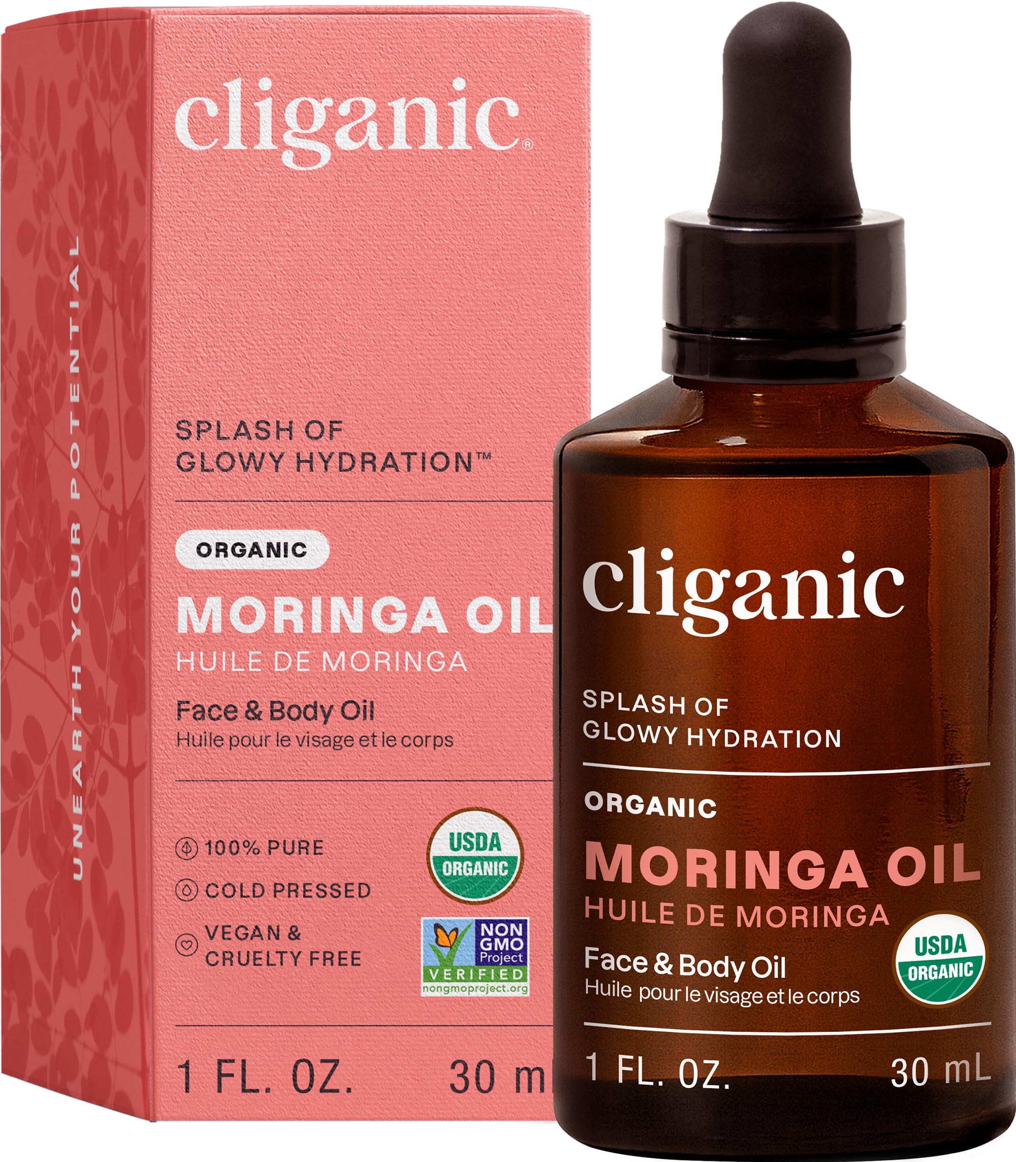 Huile de moringa Cliganic dans une bouteille, soin hydratant pour peau et cheveux