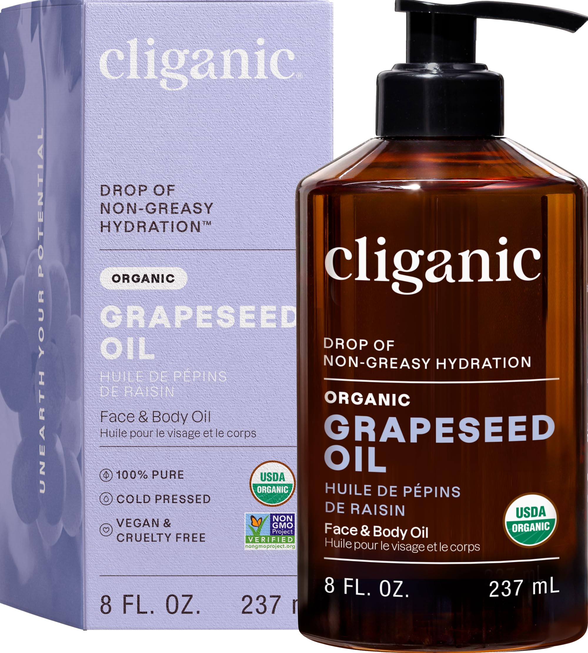 Cliganic huile pépins raisin – bouteille, soin polyvalent pour peau et cheveux