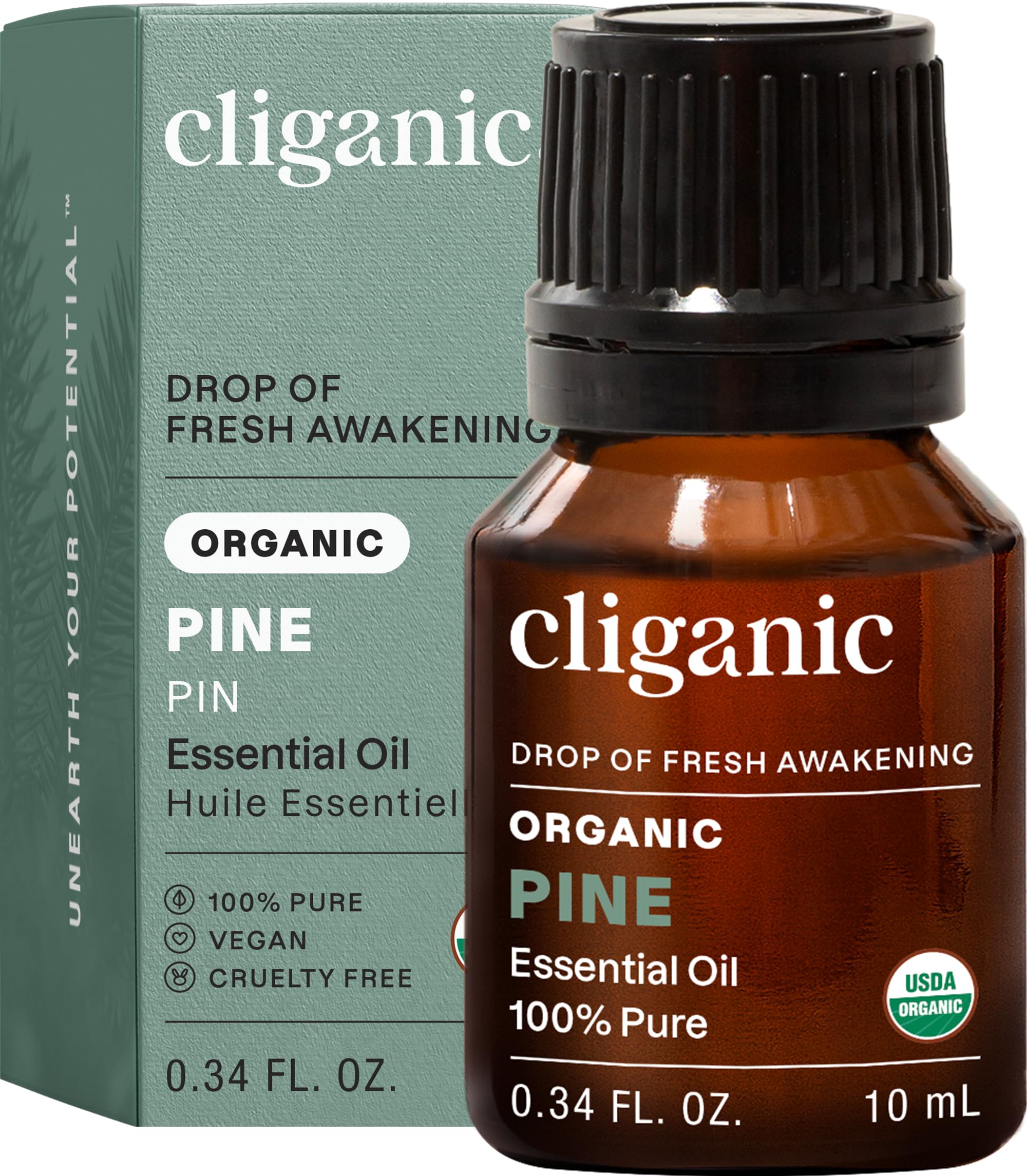 Huile essentielle Cliganic Pin Bio — bouteille prête pour l'aromathérapie et ambiance naturelle.