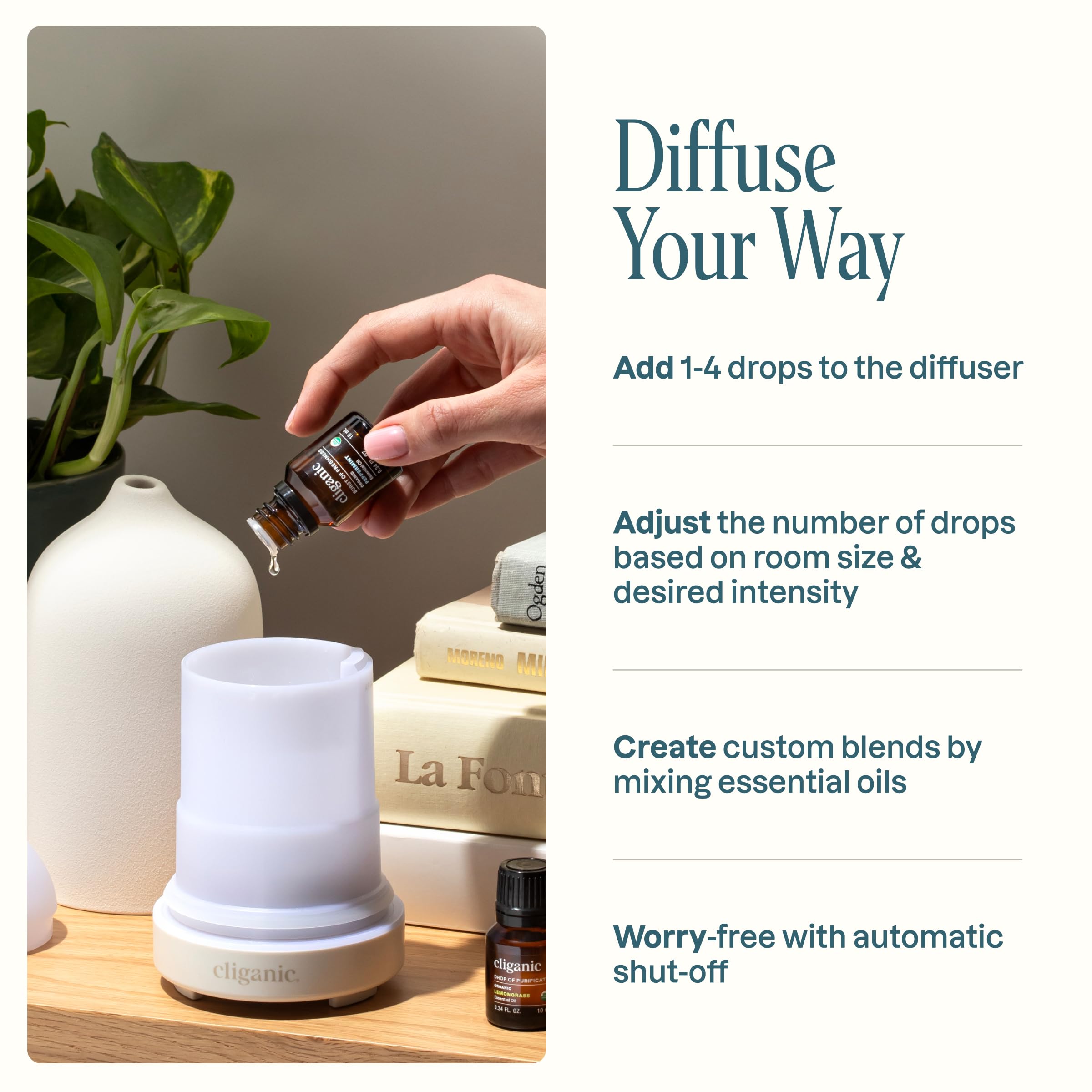 Huile essentielle Cliganic Menthe poivrée pour une senteur vivifiante.