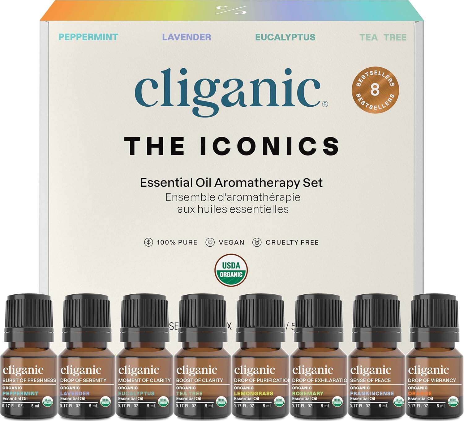 Coffret Cliganic Iconics présenté dans une boîte cadeau, déploiement élégant pour découvrir huit huiles essentielles.