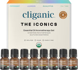 Coffret Cliganic Iconics présenté dans une boîte cadeau, déploiement élégant pour découvrir huit huiles essentielles.
