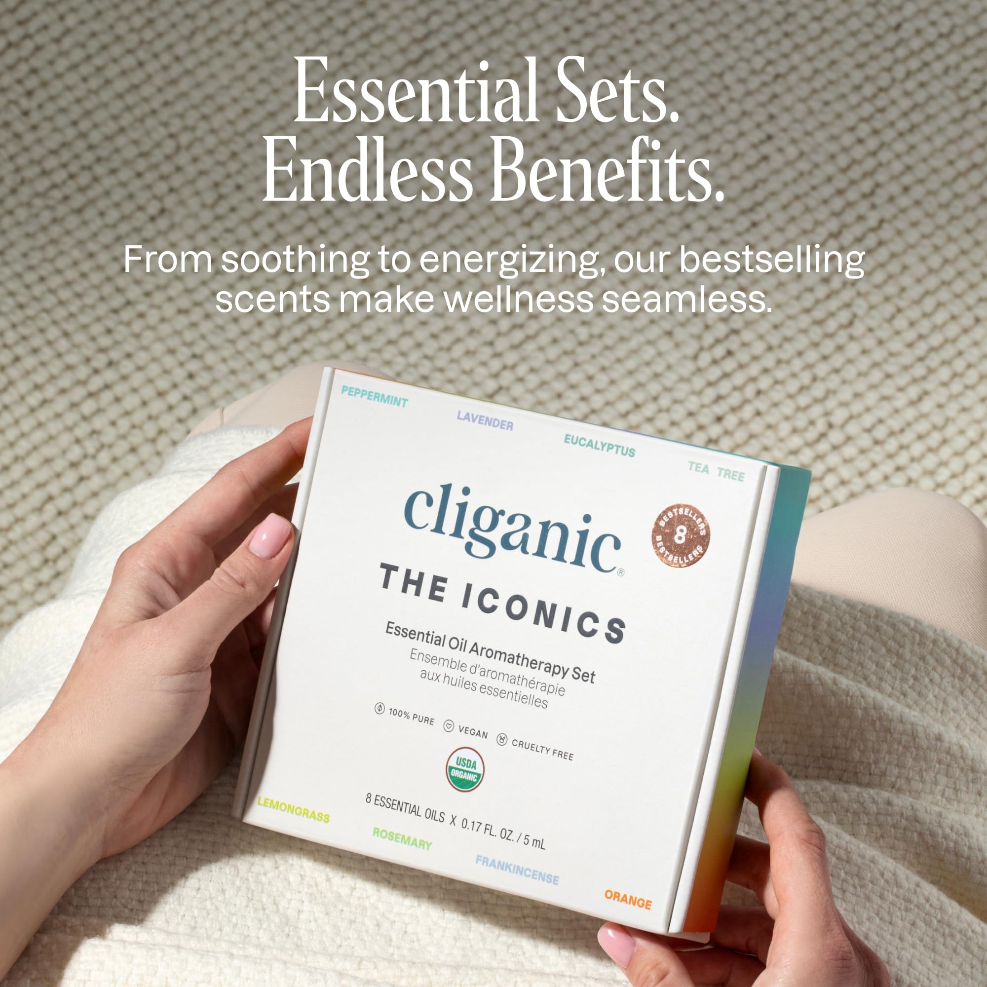 Flacon d'huile Eucalyptus Cliganic Iconics, huile purifiante et tonique.
