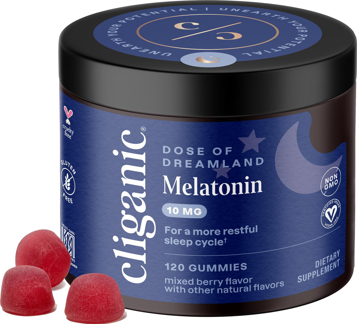 Gomme mélatonine Cliganic dans la bouteille saveur fruits rouges, soutien potentiel au sommeil.