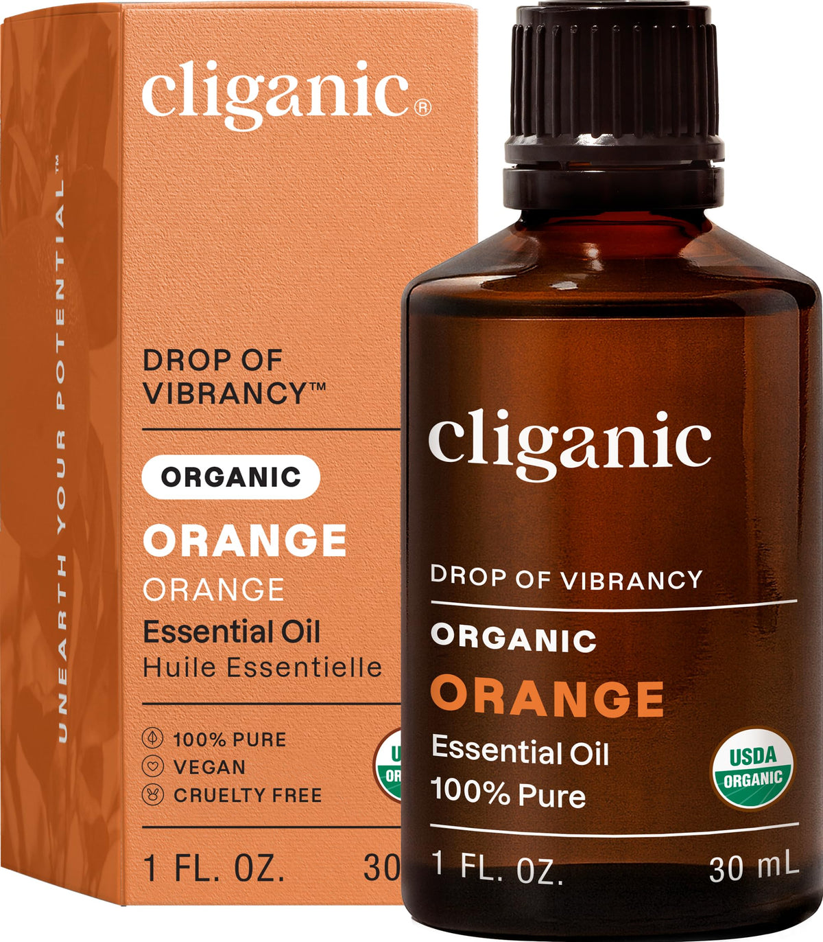 Huile essentielle d'orange Cliganic dans bouteille 1 oz, pure et adaptée à l'aromathérapie