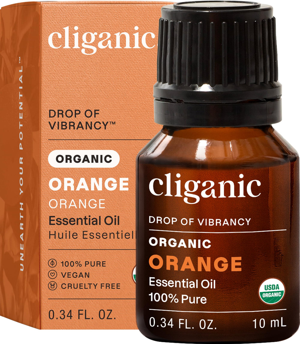 Huile essentielle Cliganic orange douce, bouteille 10 ml prête pour diffusion aromatique.
