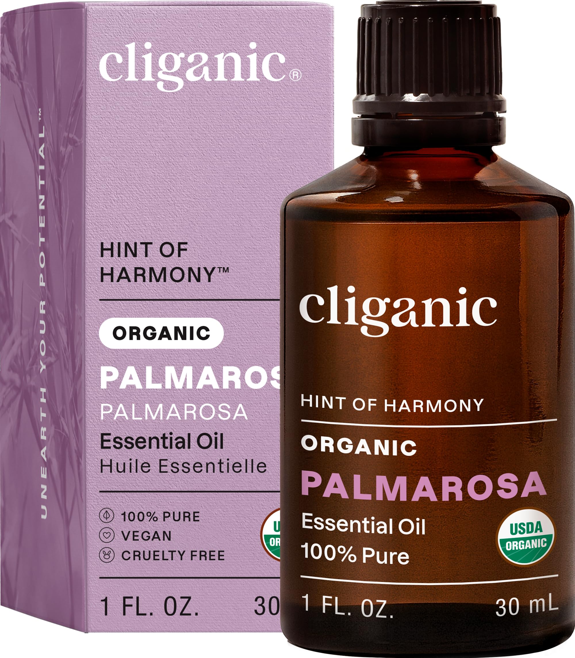 Cliganic Palmarosa, huile pure en bouteille 1oz prête pour diffusion aromatique.