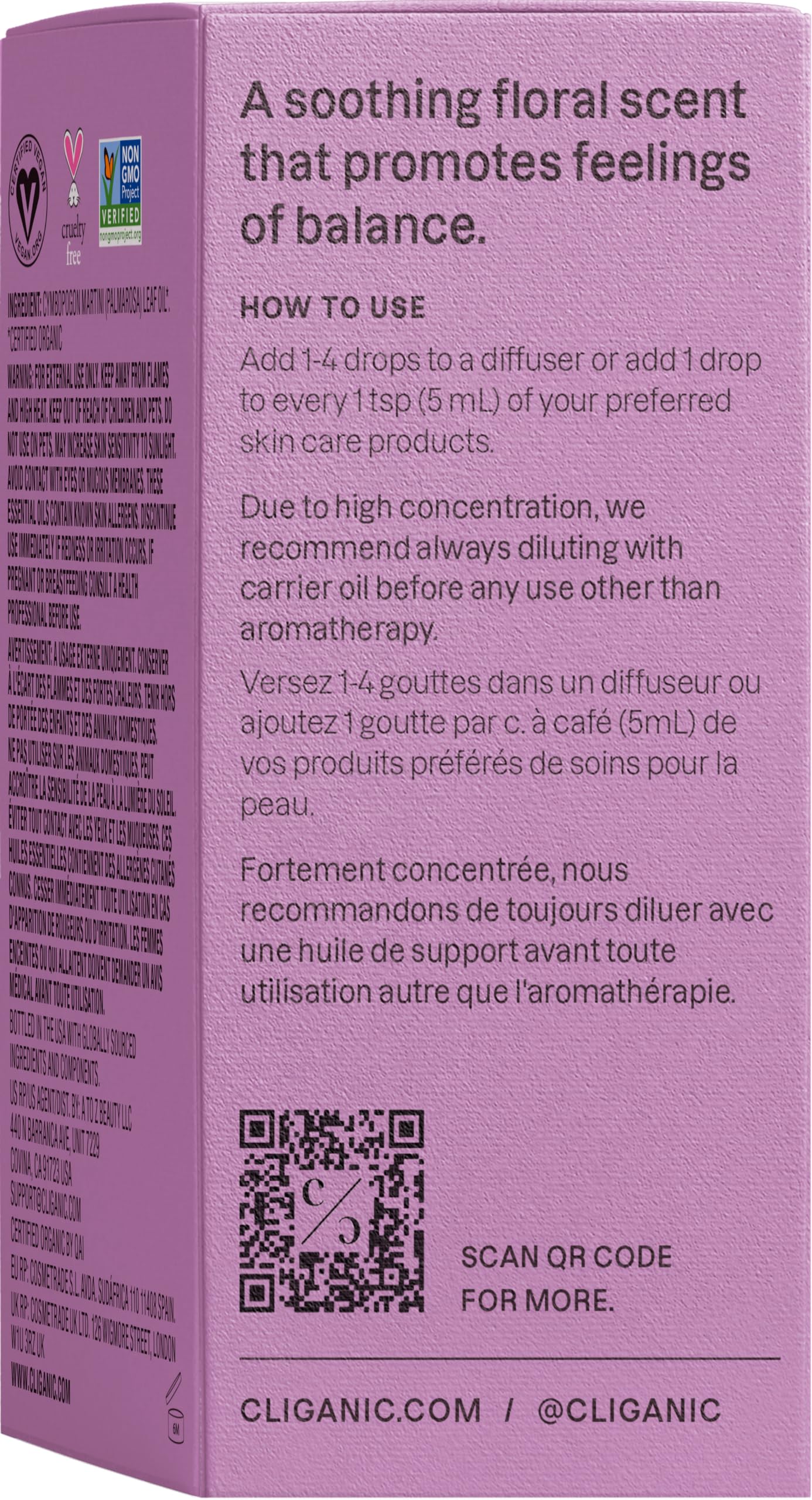 Odeur florale Palmarosa Cliganic, parfum naturel et agréable.