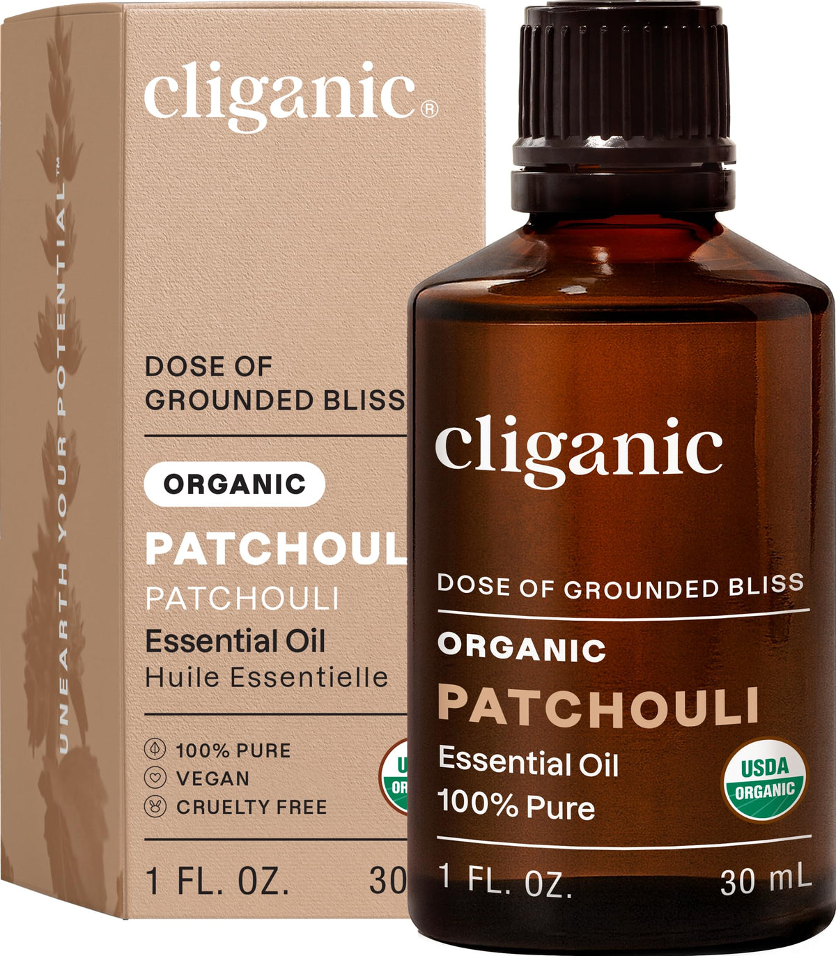 Huile essentielle Patchouli Cliganic dans sa bouteille, parfum terreux durable pour diffusion.