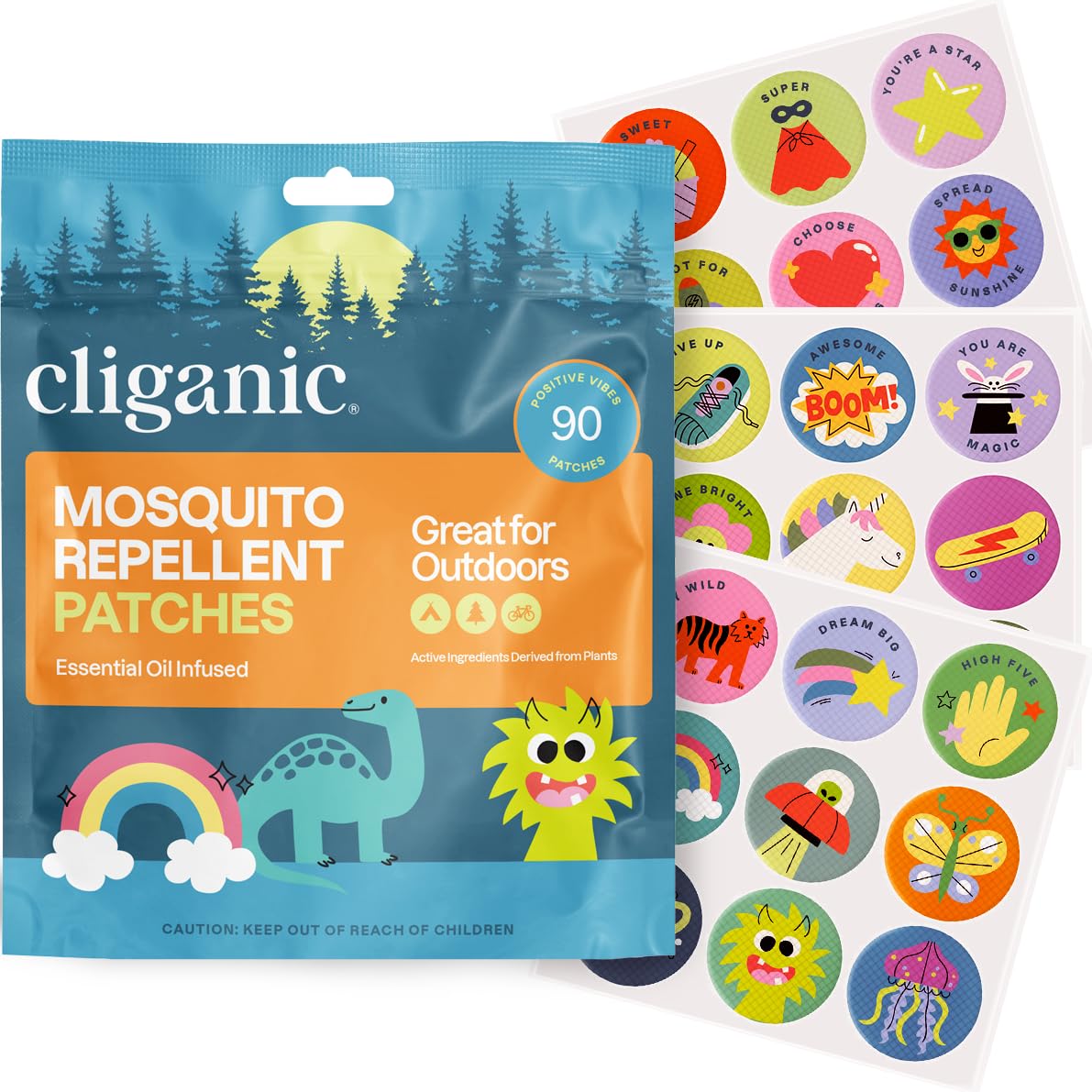Patchs Cliganic Positive Vibes avec designs amusants pour enfants, sans DEET et faciles à placer.