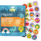 Patchs Cliganic Positive Vibes avec designs amusants pour enfants, sans DEET et faciles à placer.