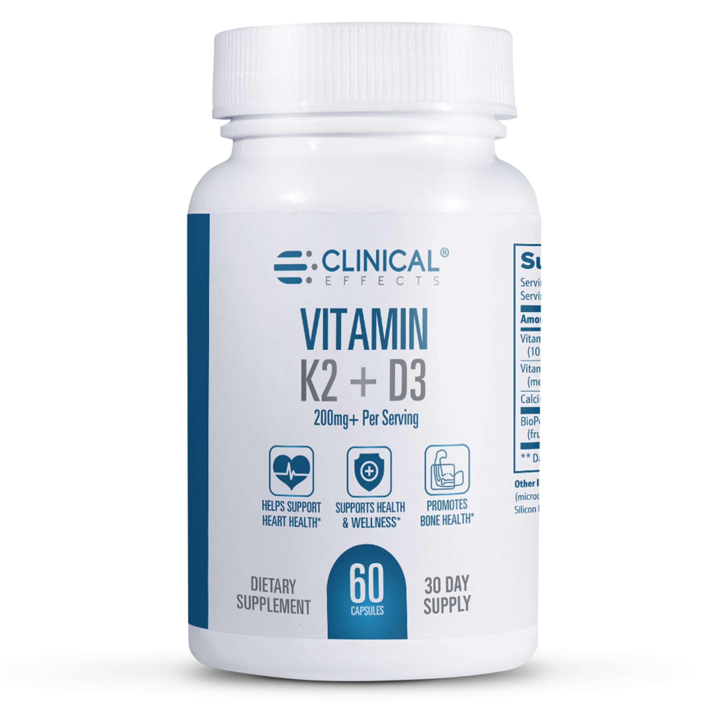 Clinical Effects K2 + D3 – Bouteille et emballage, soutien potentiel des os