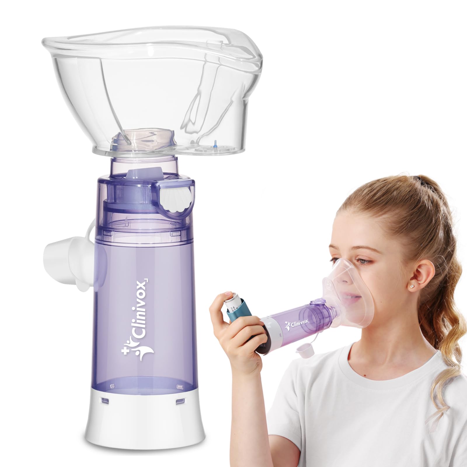 Clinivox spacer inhalateur avec masque silicone doux, confort optimal pour enfants.