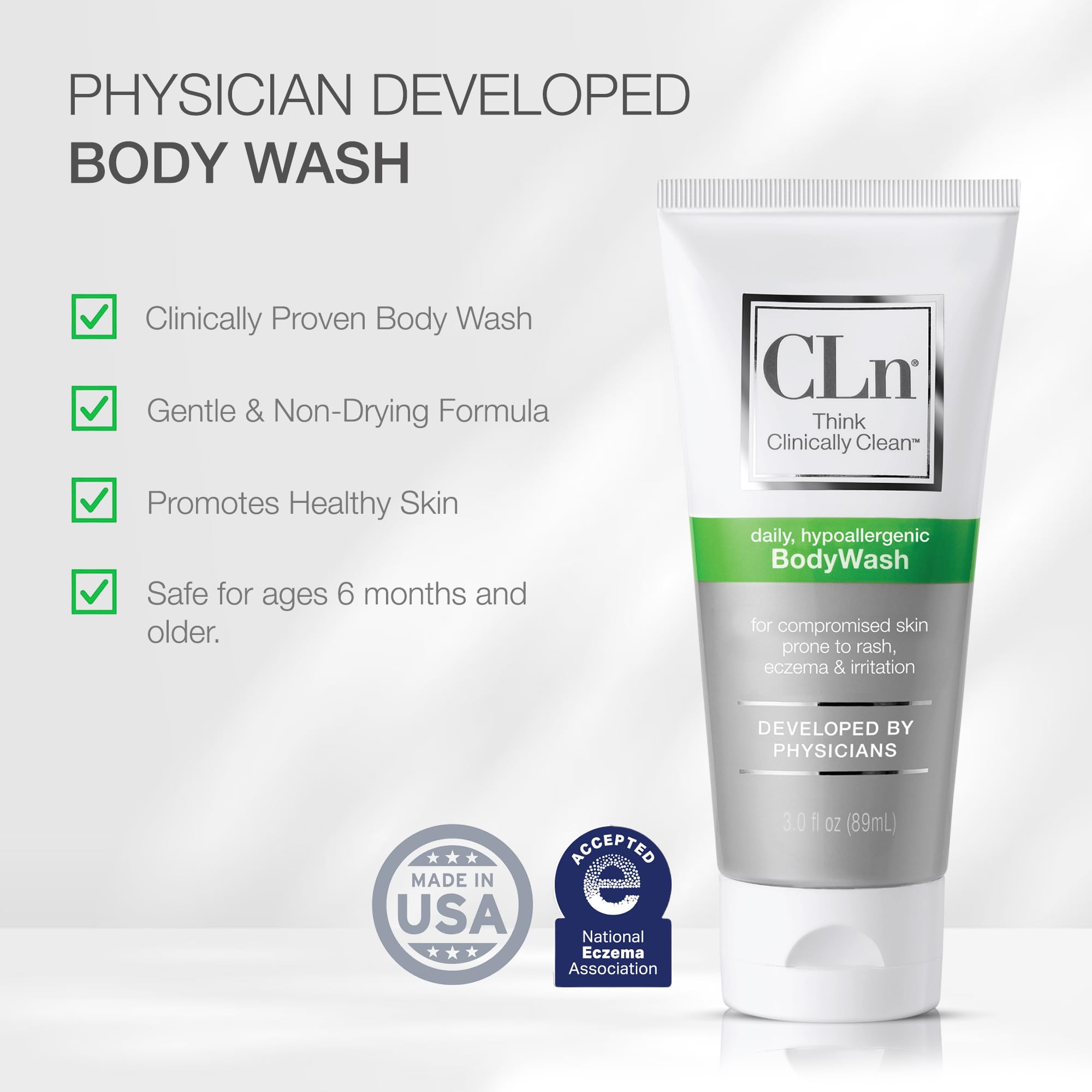 CLn BodyWash: formulation douce adaptée aux peaux sensibles.