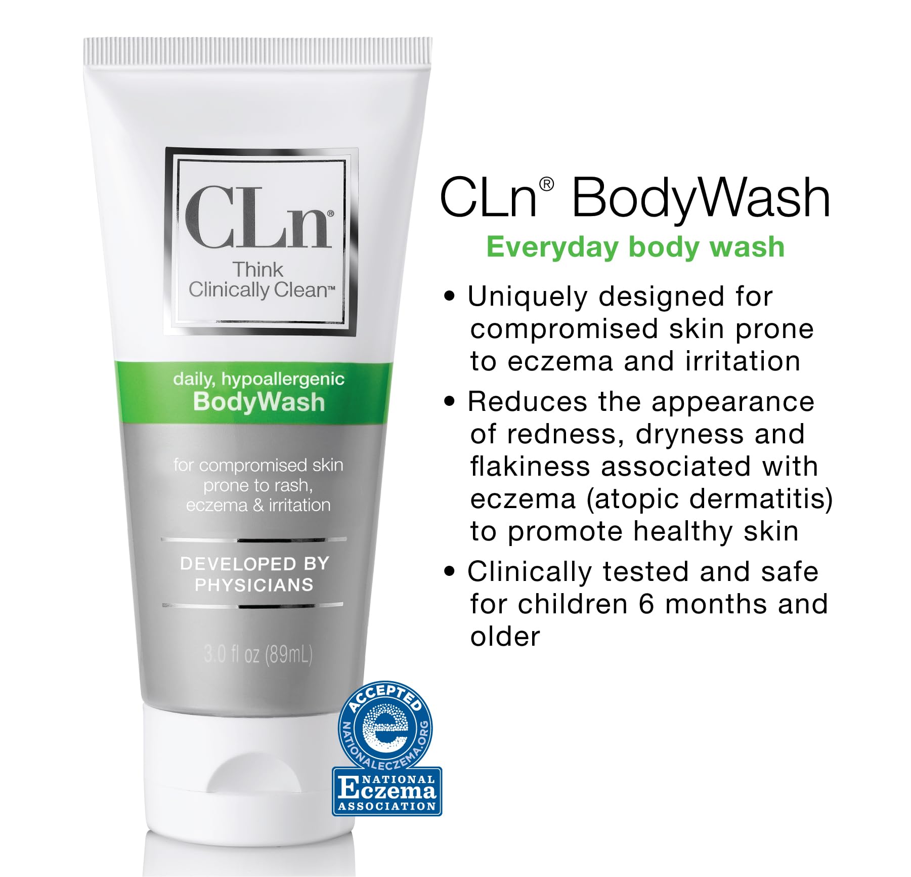 CLn BodyWash: sceau Eczema Association, reconnu pour les peaux sensibles.