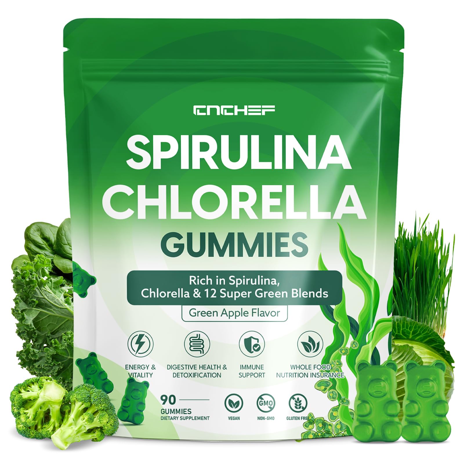Gommes CNCHEF spiruline et chlorelle dans la bouteille – énergie naturelle au quotidien.