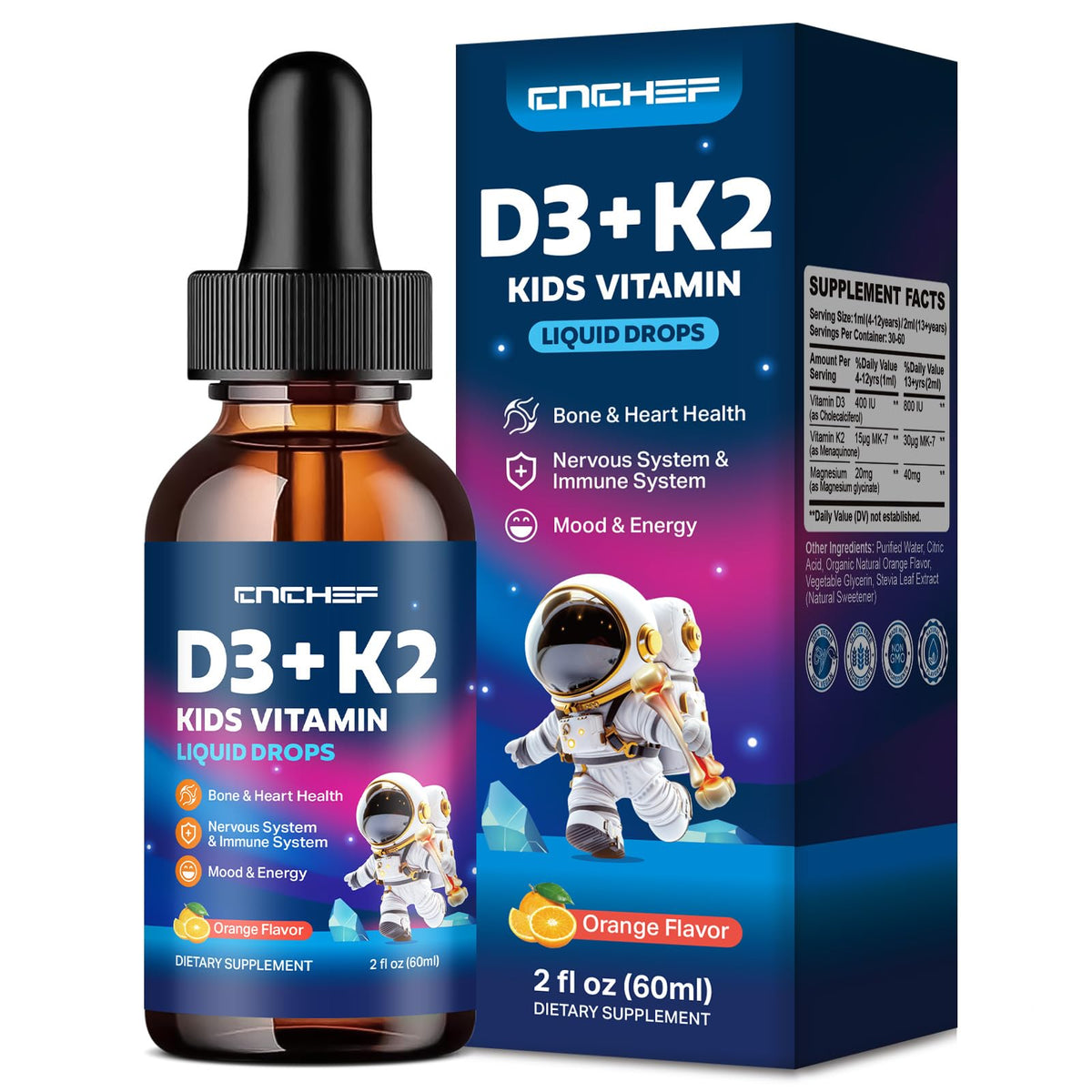 CNCHEF D3 K2 gouttes pour enfants, flacon orange favorisent l absorption du calcium.